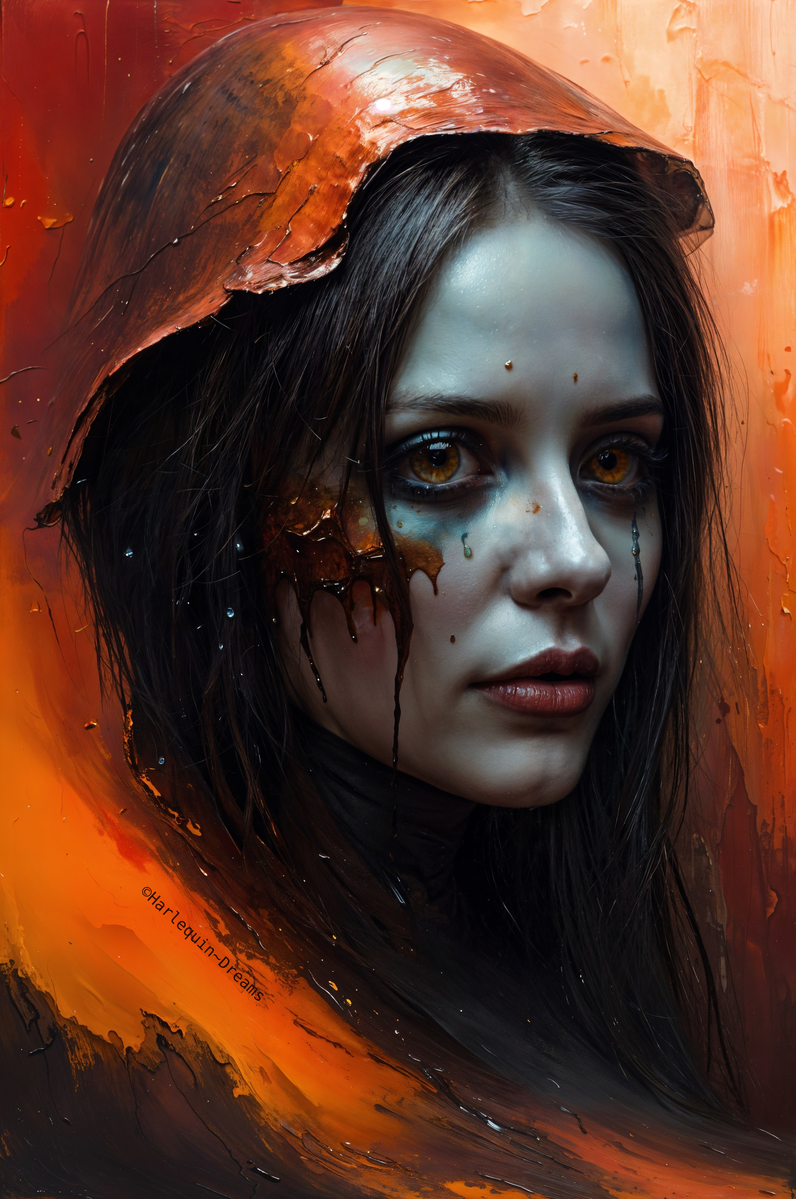Portrait of a Young Woman with Amber Eyes and Helmet