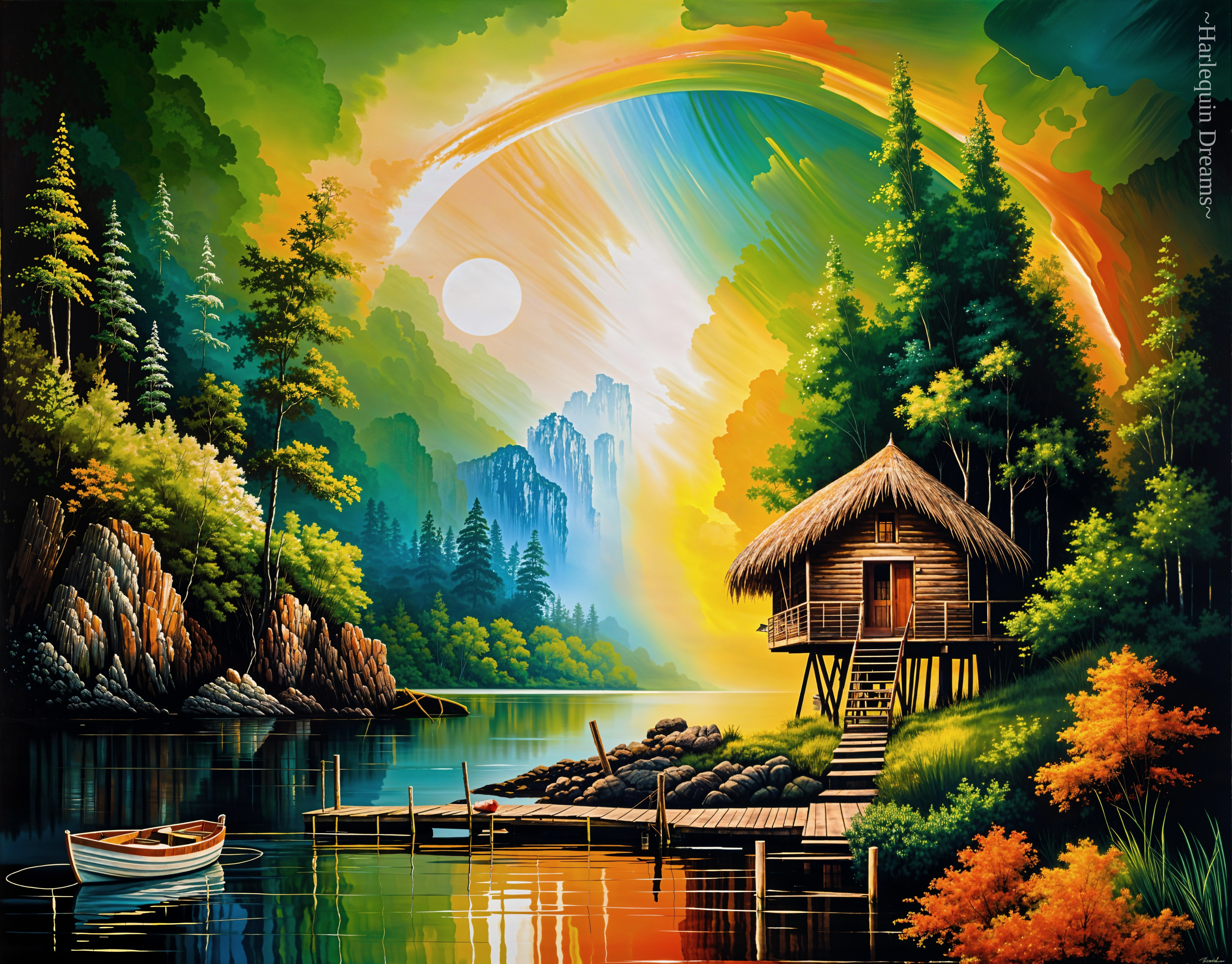 Vibrant landscape with lake, mountains, and hut