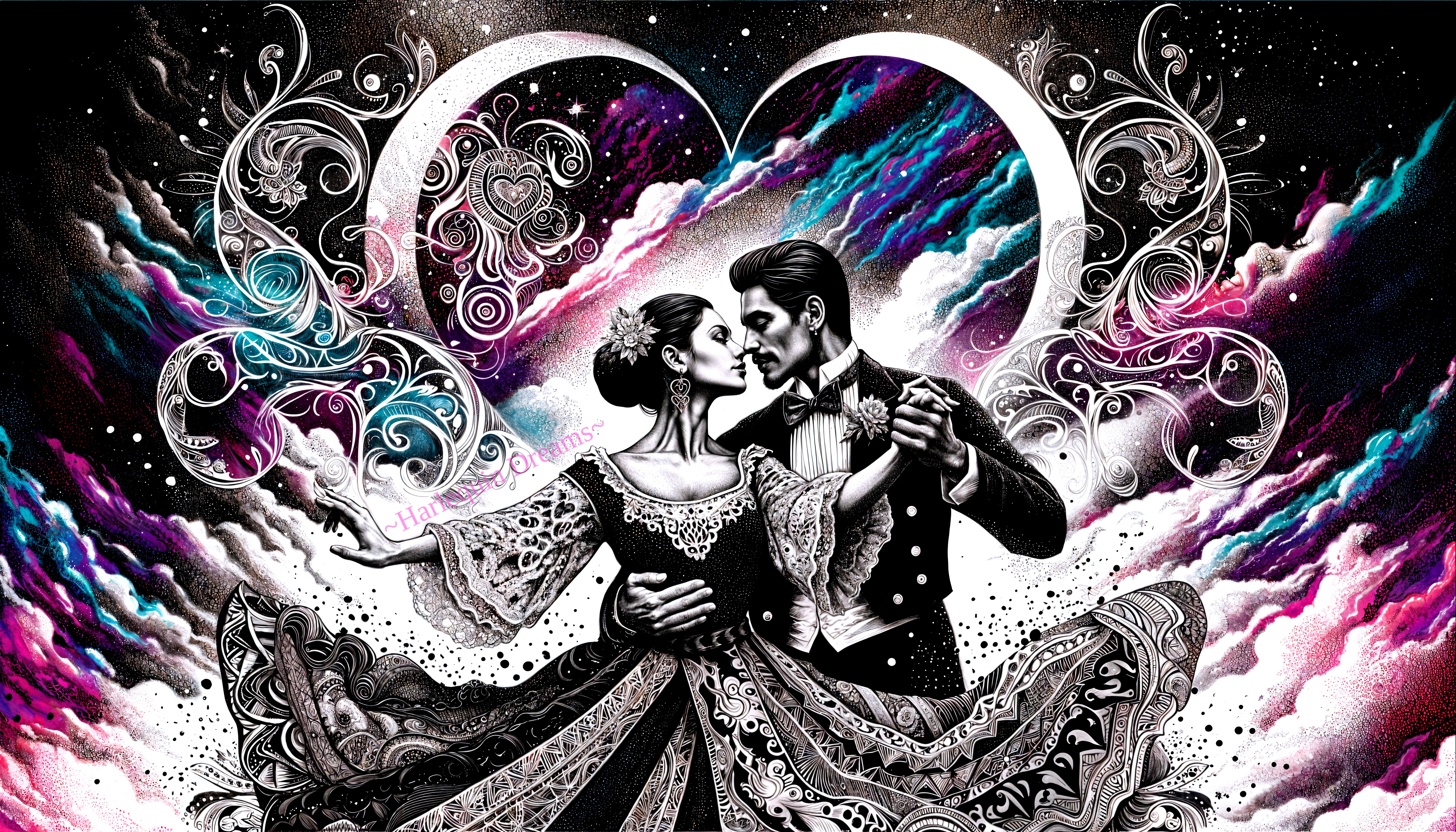 Couple Dancing in a Cosmic, Colorful Background