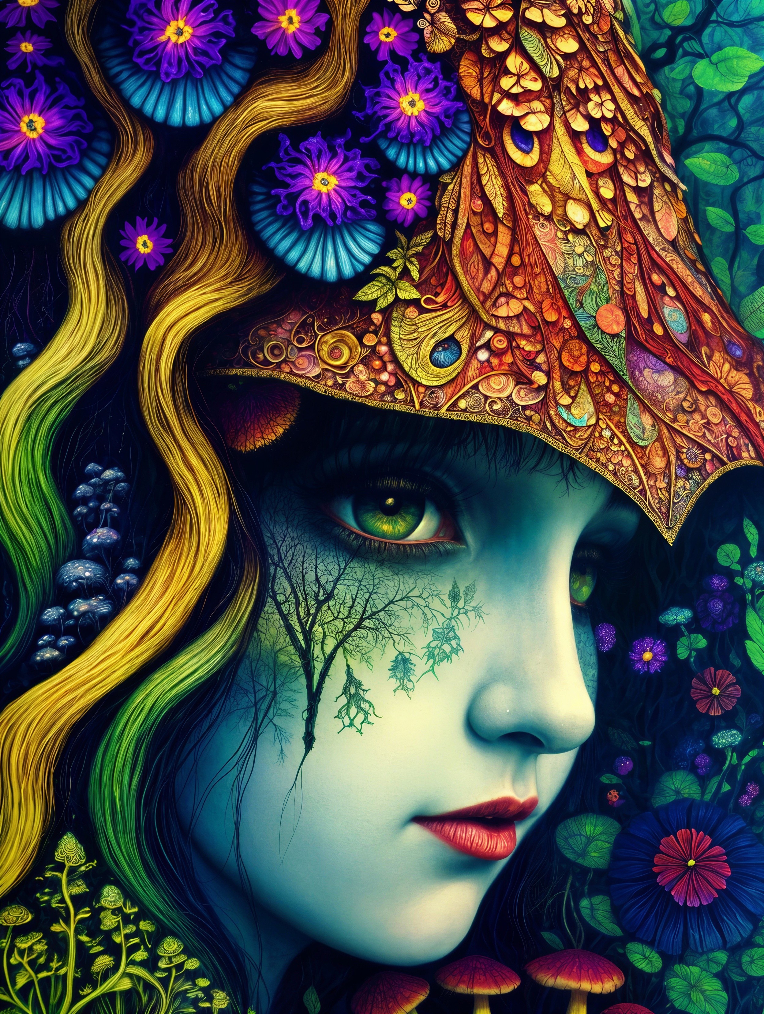 Fantastical Portrait of a Girl with Floral Patterns