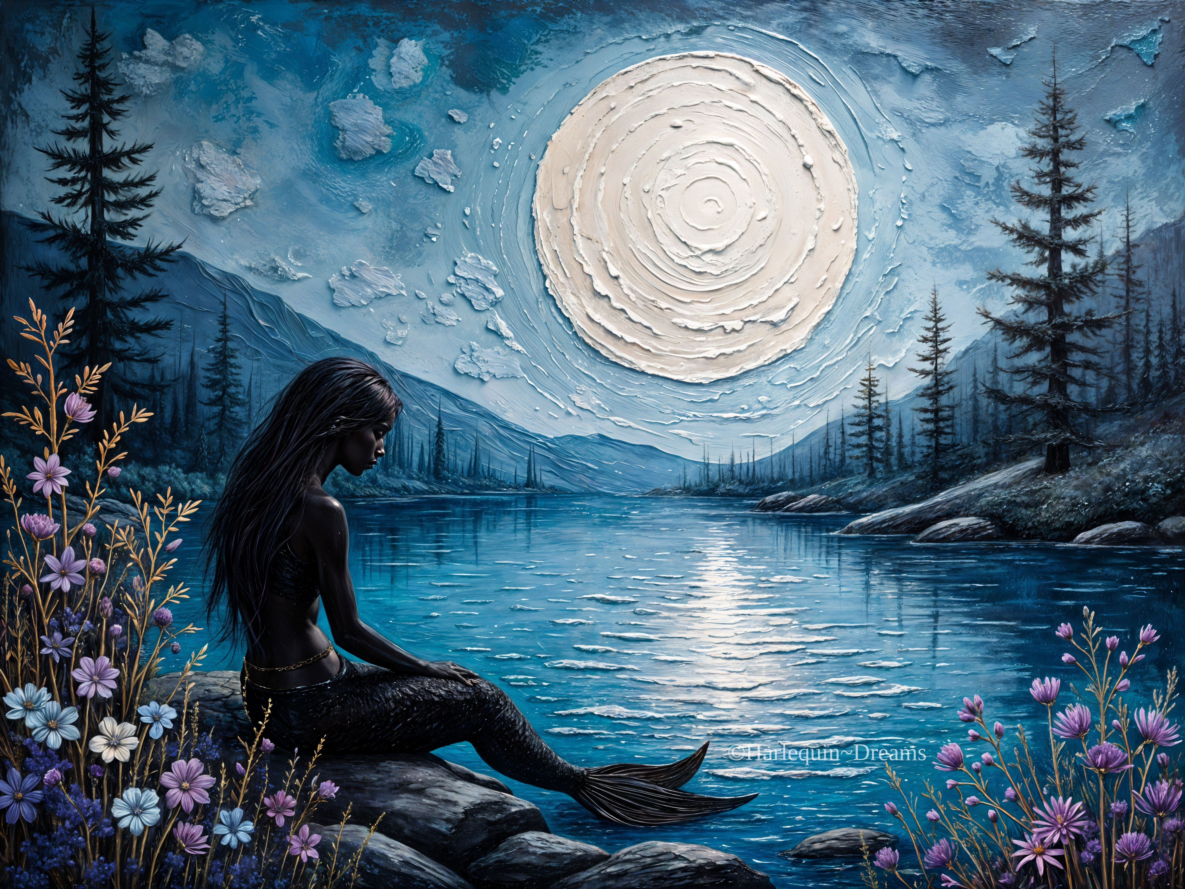 Mermaid by a Tranquil Lake Under a Full Moon