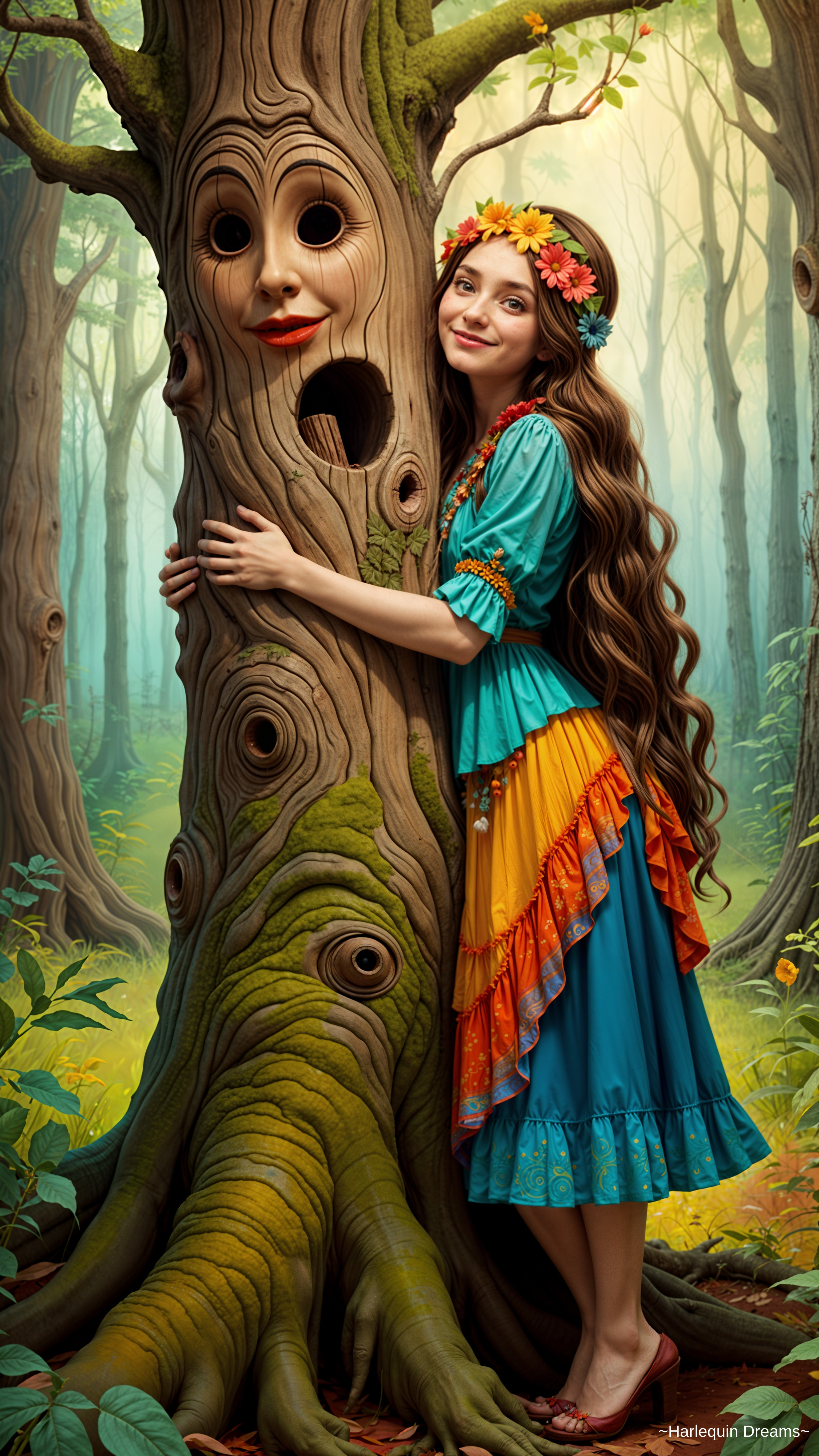 Young girl in colorful dress embraces whimsical tree