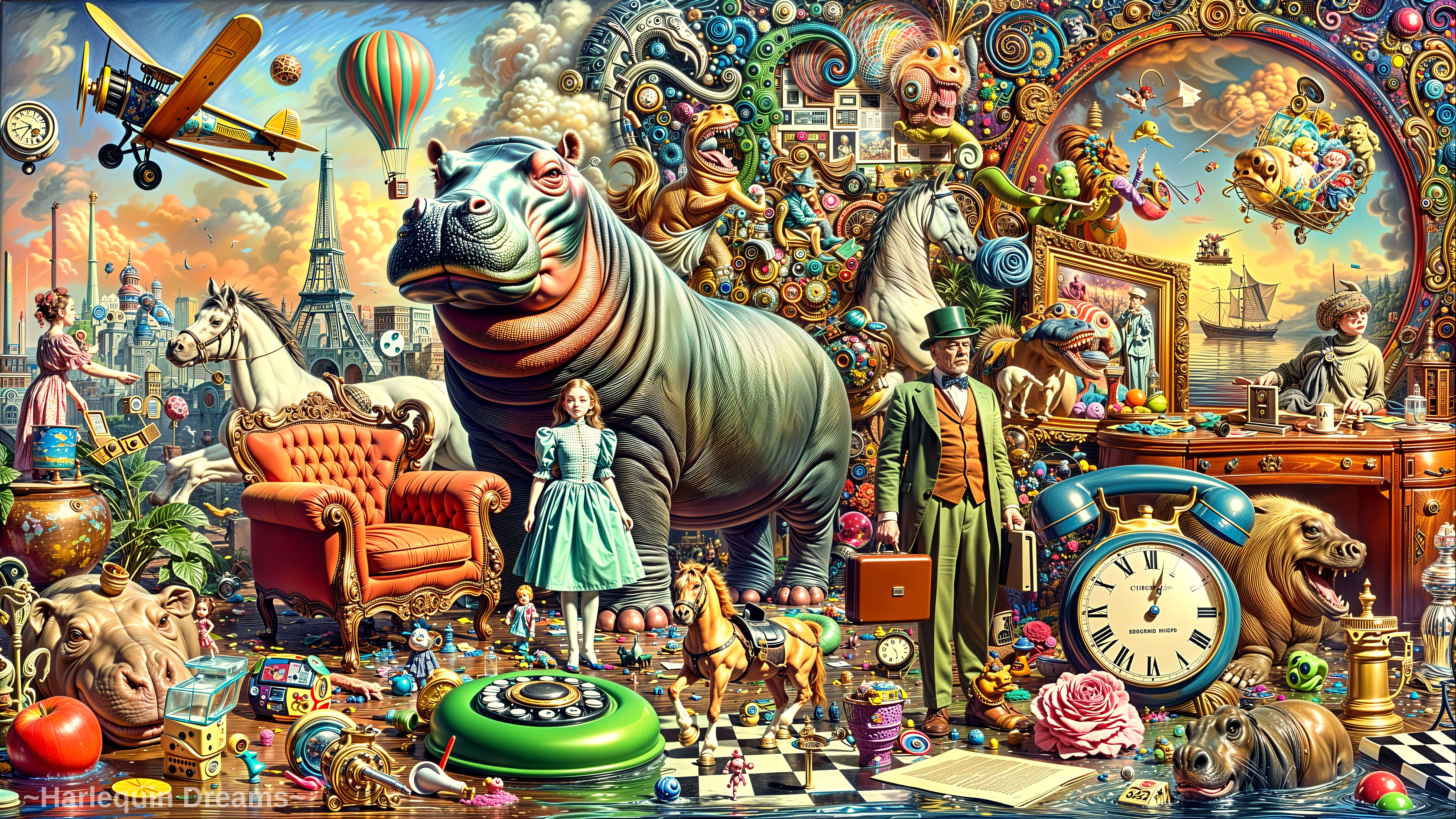 Surreal Scene with Giant Hippopotamus and Young Girl