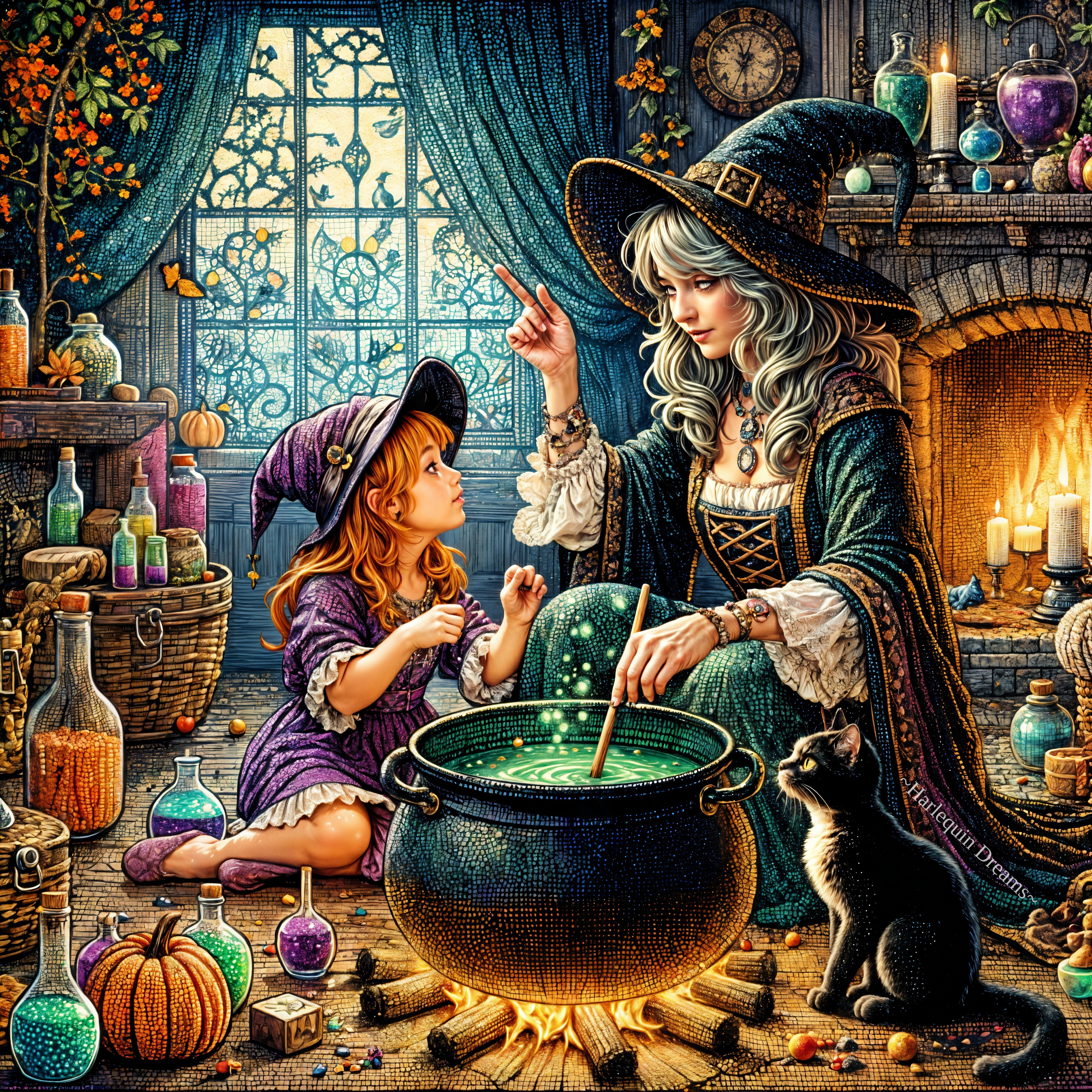 Sorceress and Girl Sharing Secrets by Cauldron