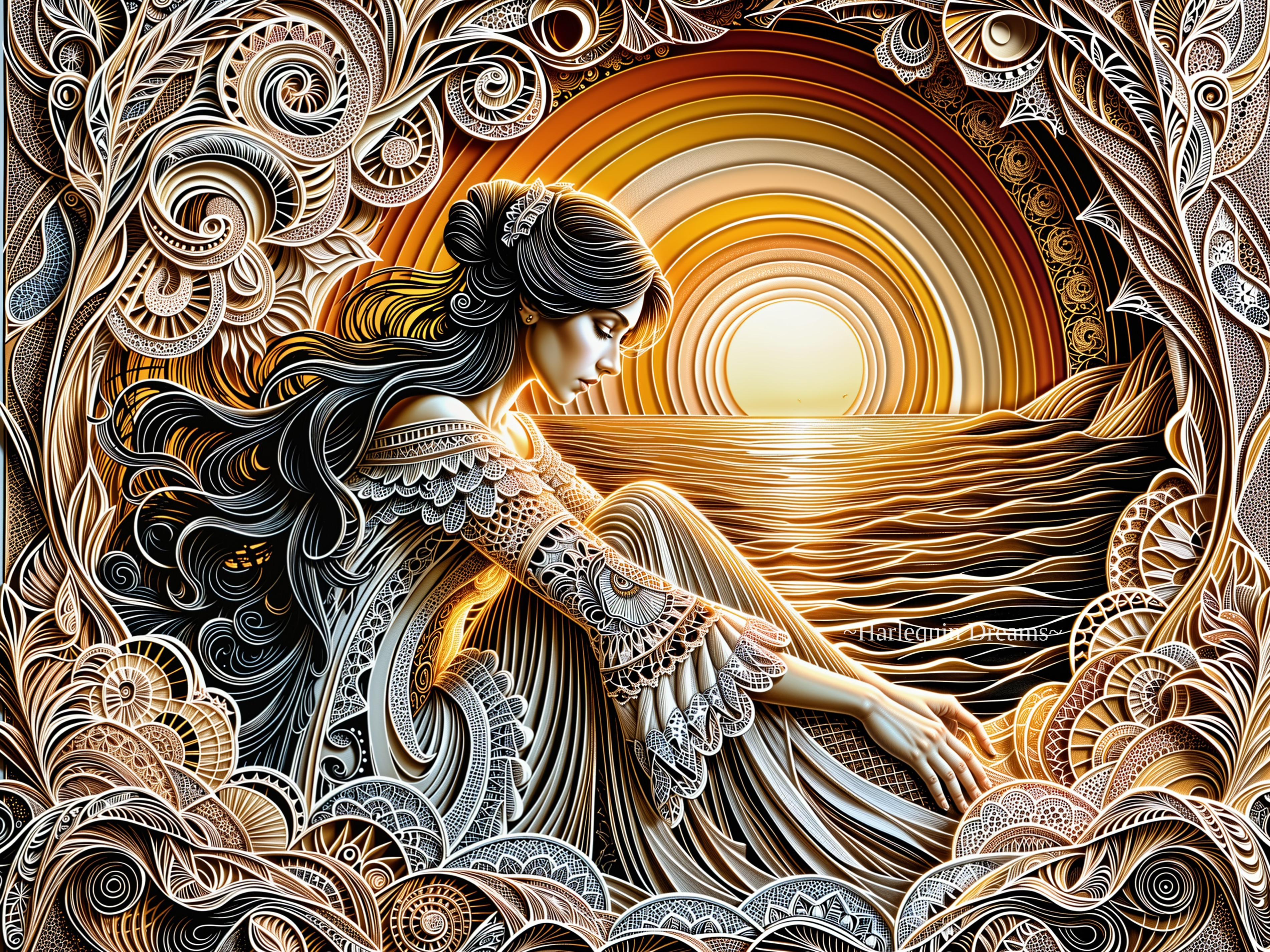 Intricate Design of Woman by Water at Sunset