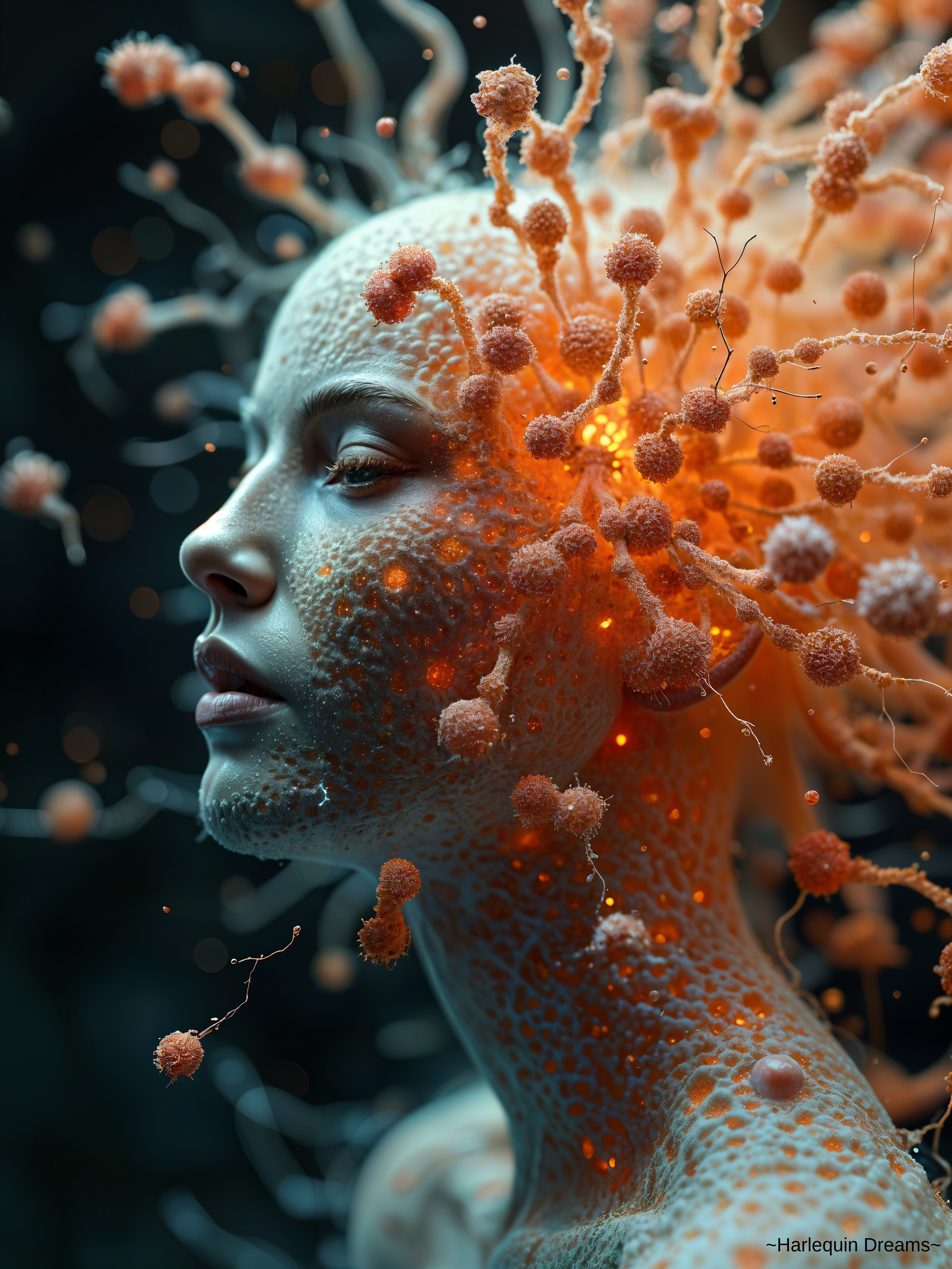 Surreal Profile of Woman with Glowing Coral Shapes