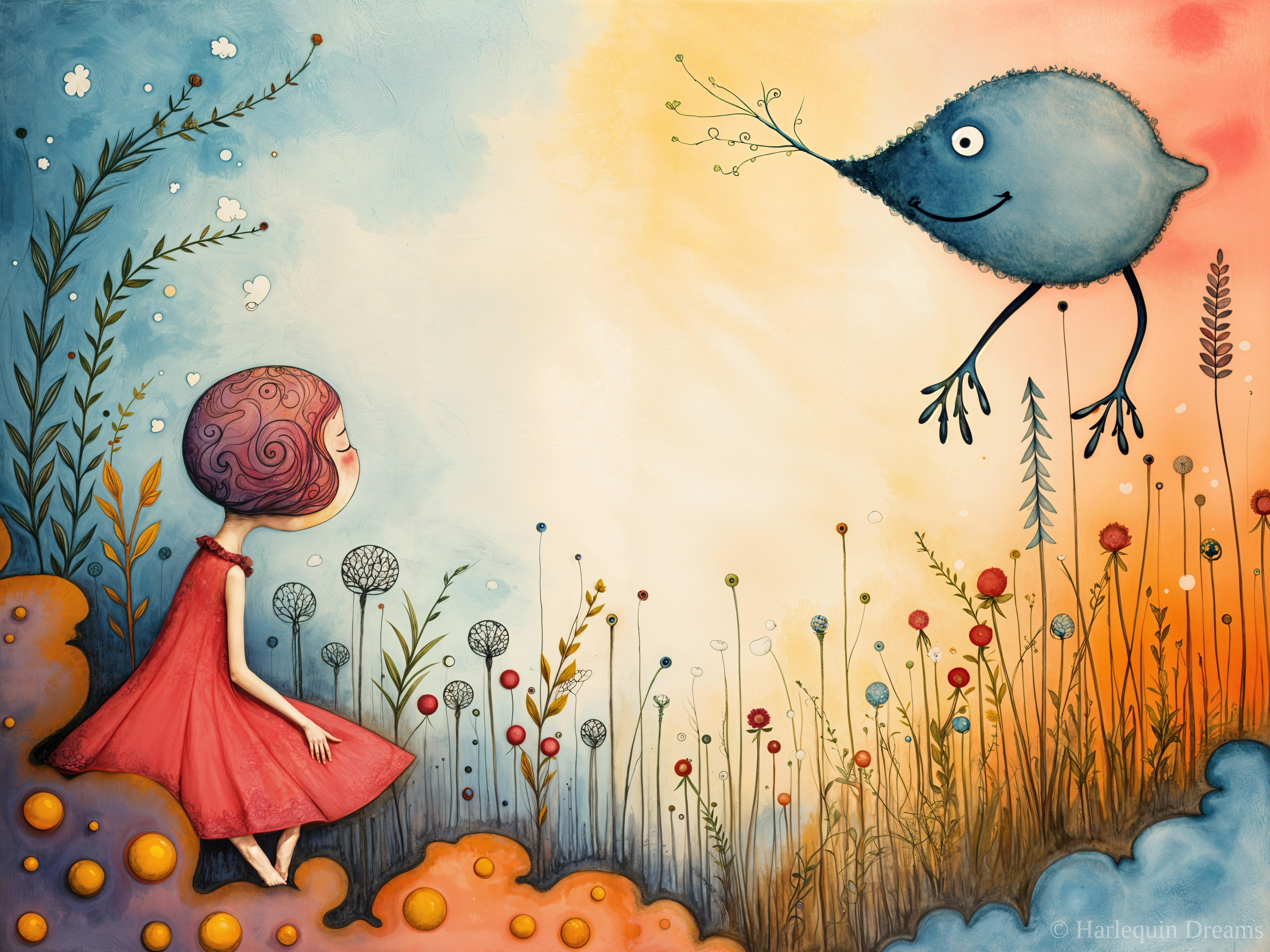 Whimsical Scene of Girl and Friendly Blue Creature