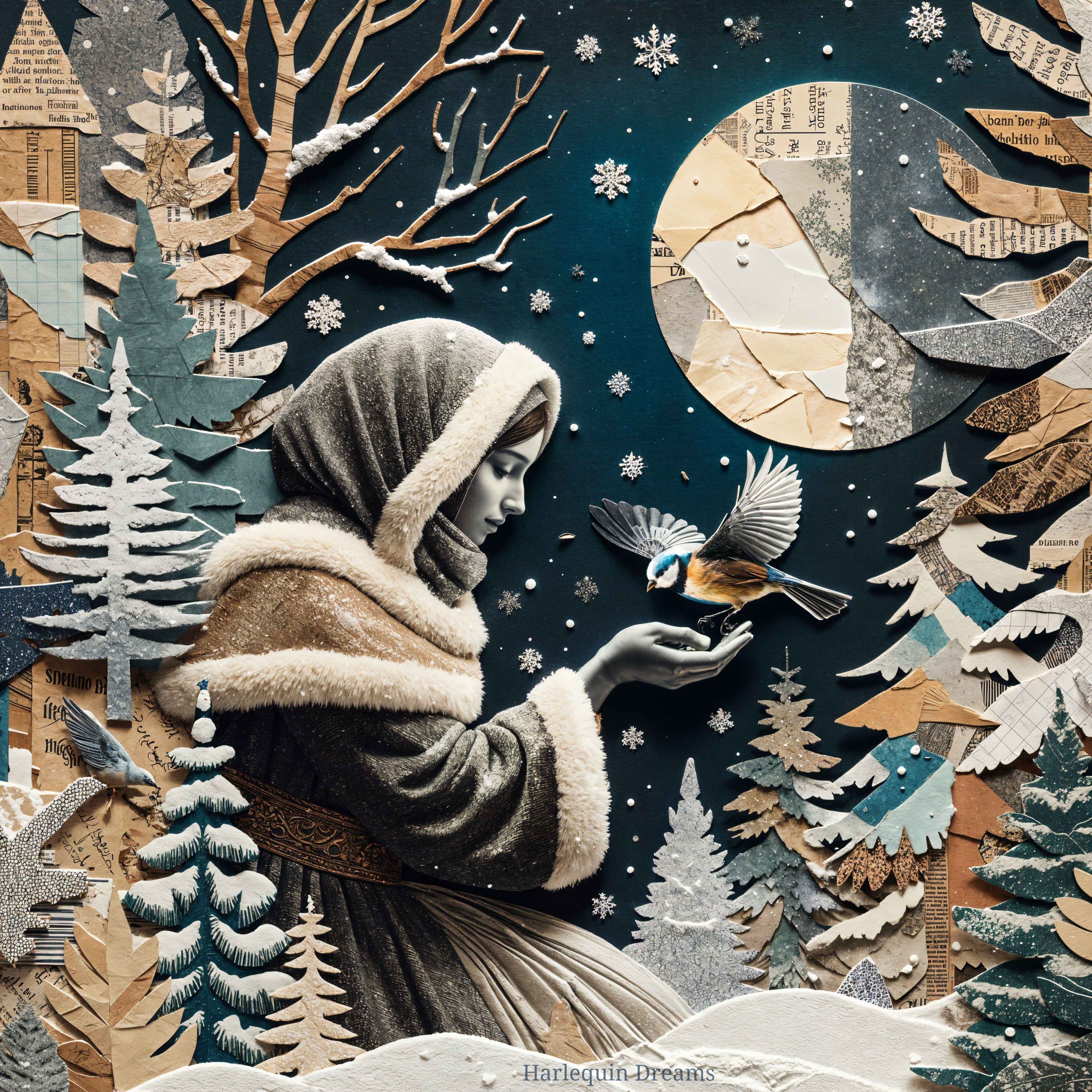 Young Woman in Cloak Interacting with a Bird in Winter