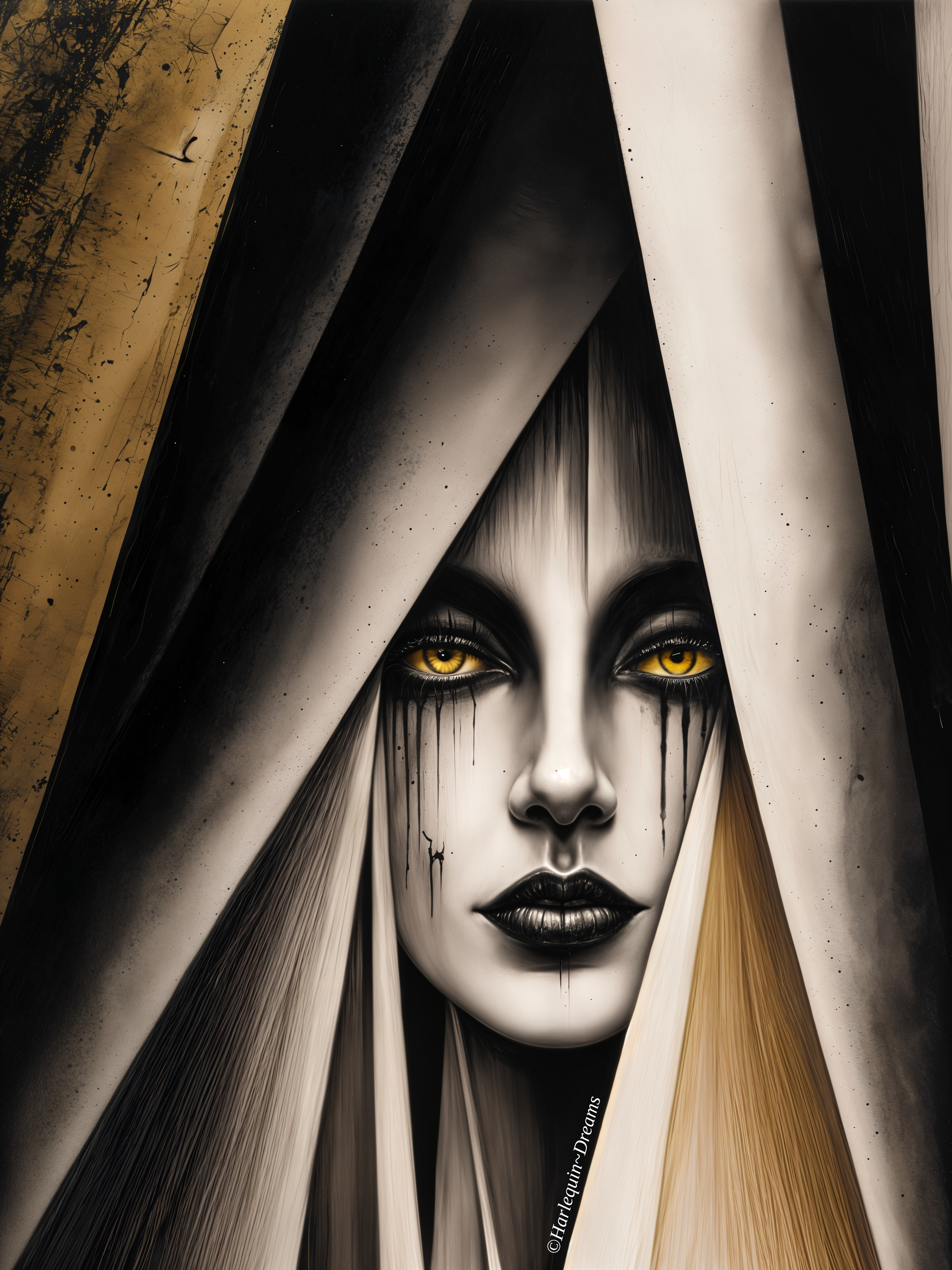 Female Figure with Yellow Eyes in Dark Fabrics