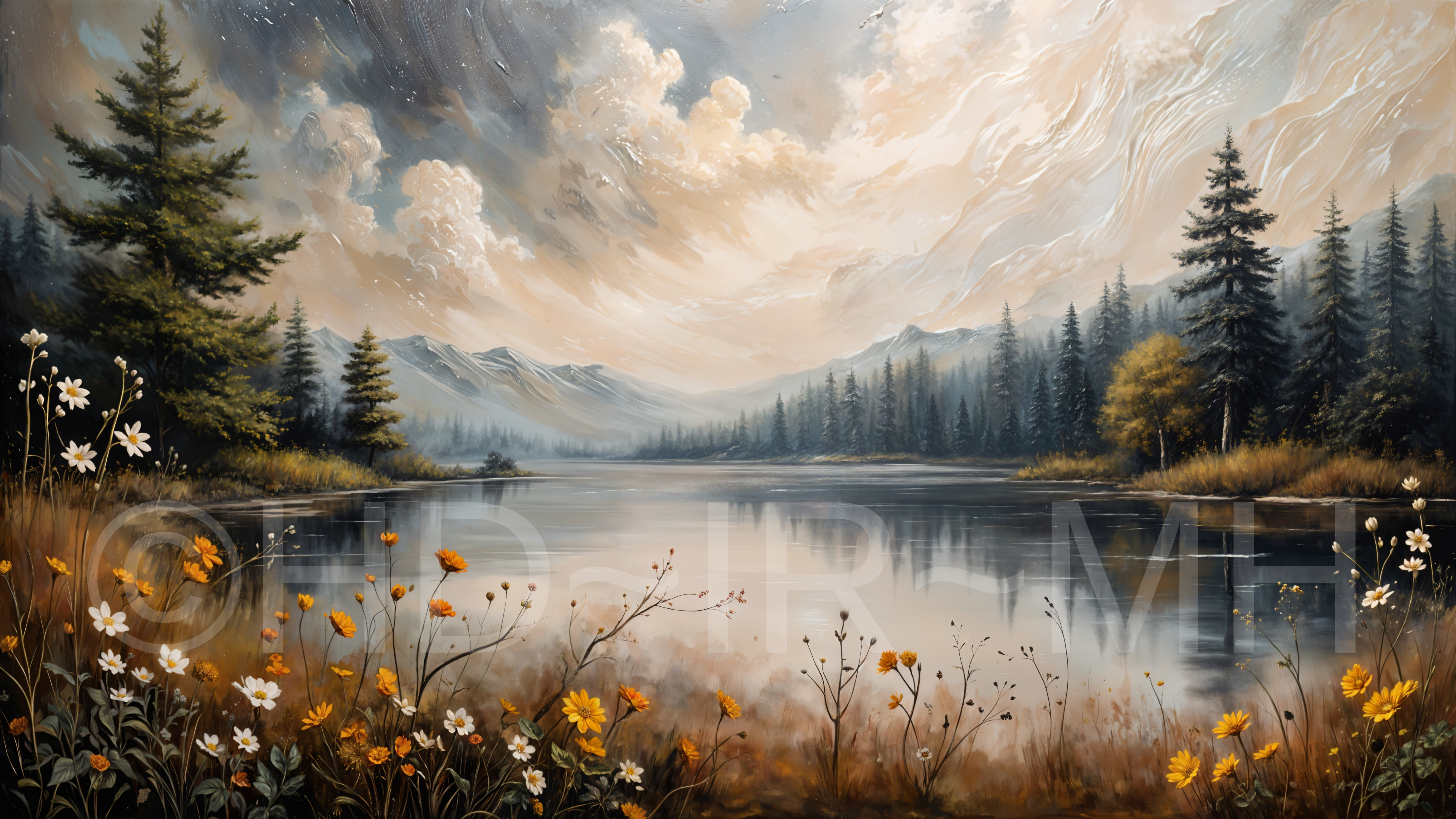 Tranquil Lake Landscape with Mountains and Wildflowers