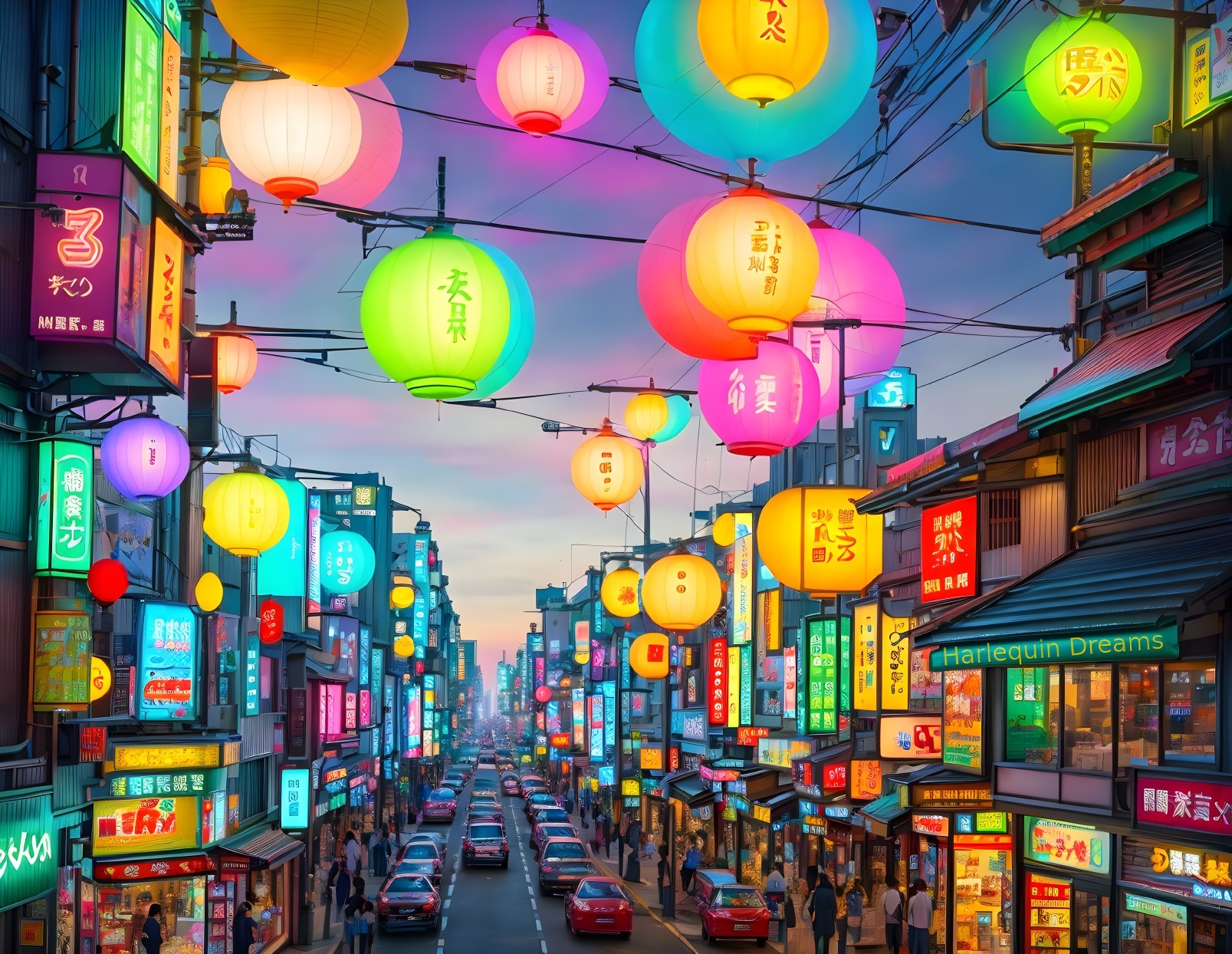 Vibrant Dusk Street with Colorful Lanterns and Signs
