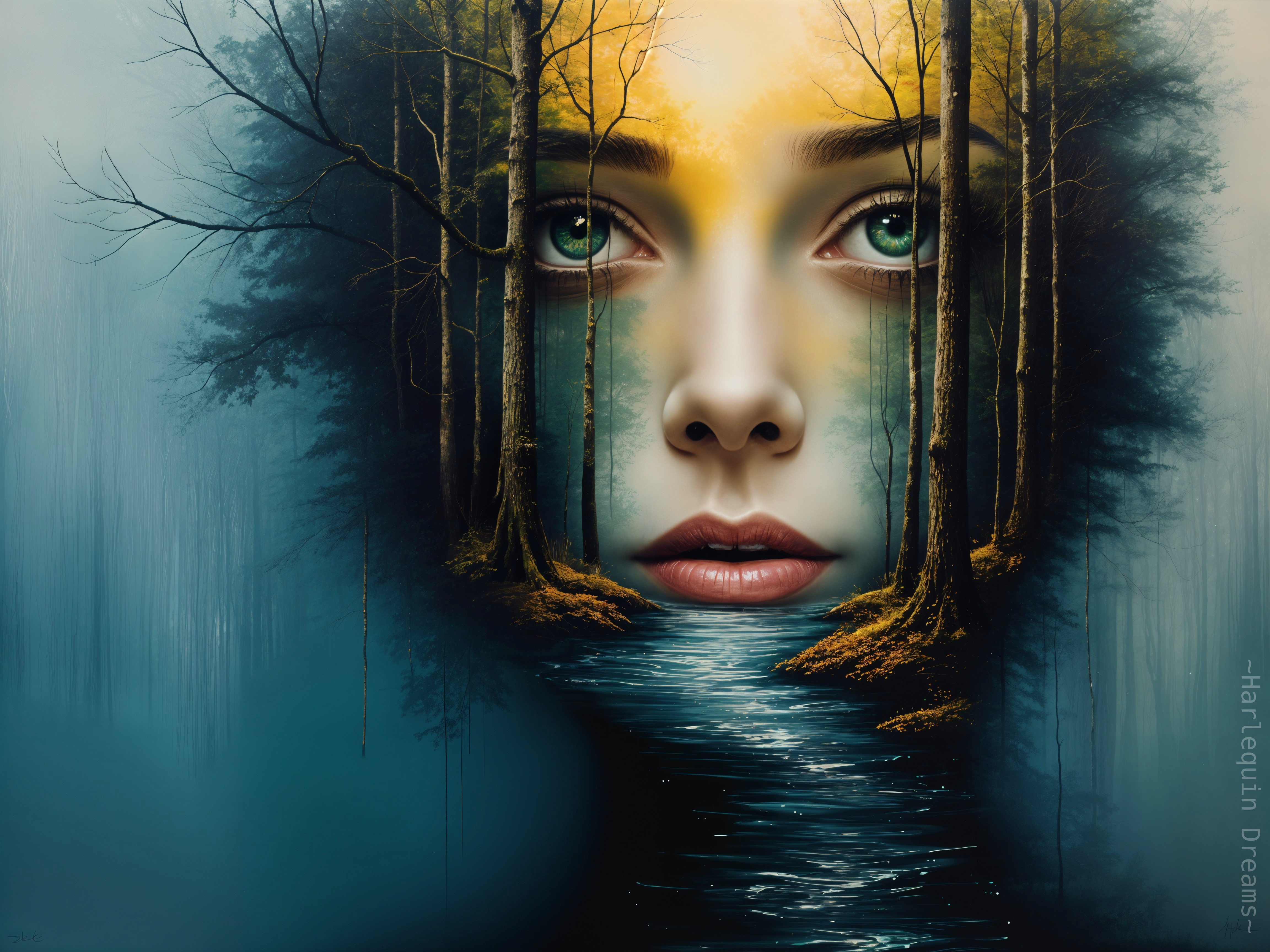 Surreal Woman's Face in Tranquil Forest Scene