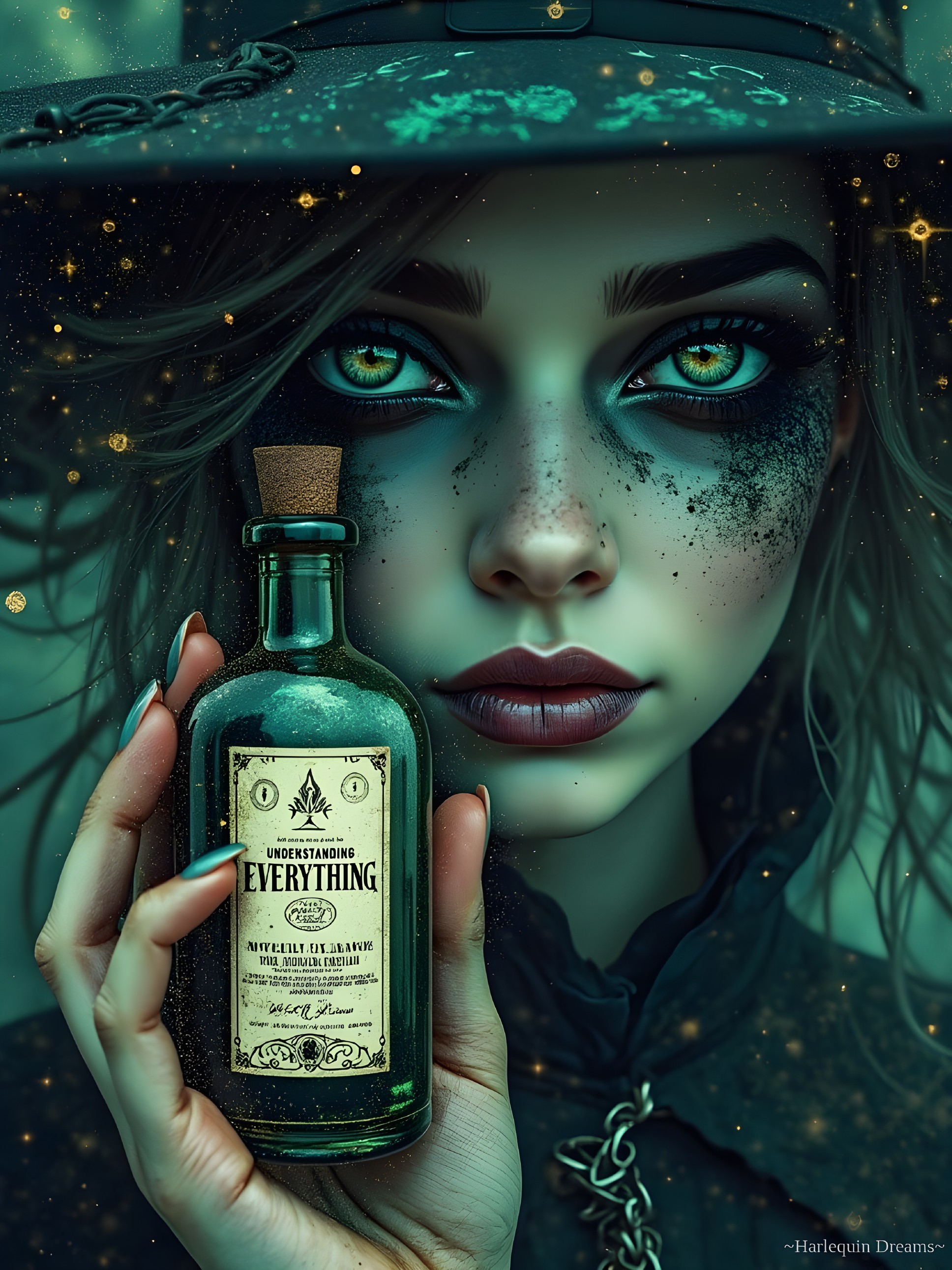 Mystical figure with potion bottle and enchanting aura