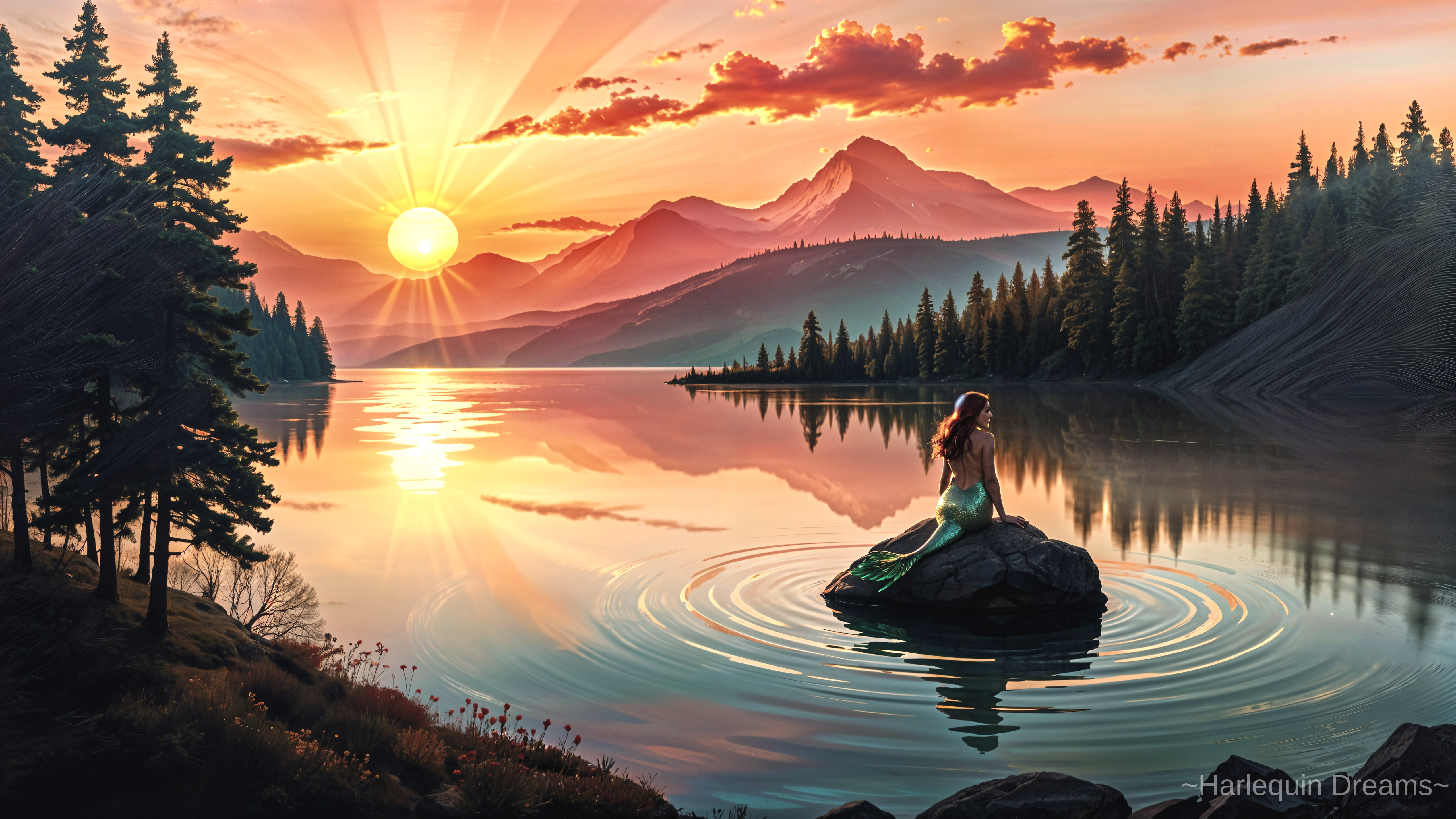 Serene Mermaid Landscape at Sunset by a Tranquil Lake
