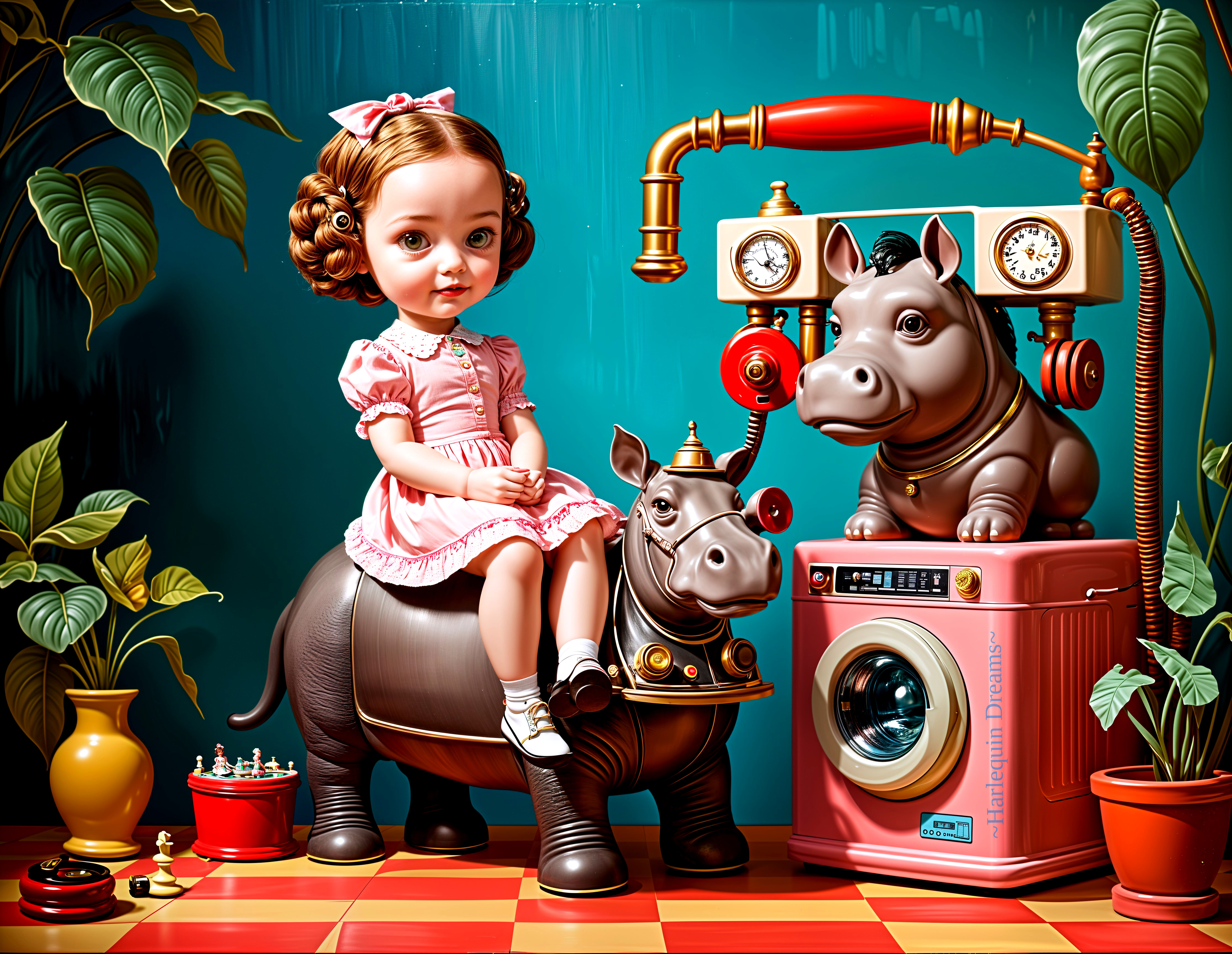 Whimsical Scene with Doll, Hippo, and Retro Washer