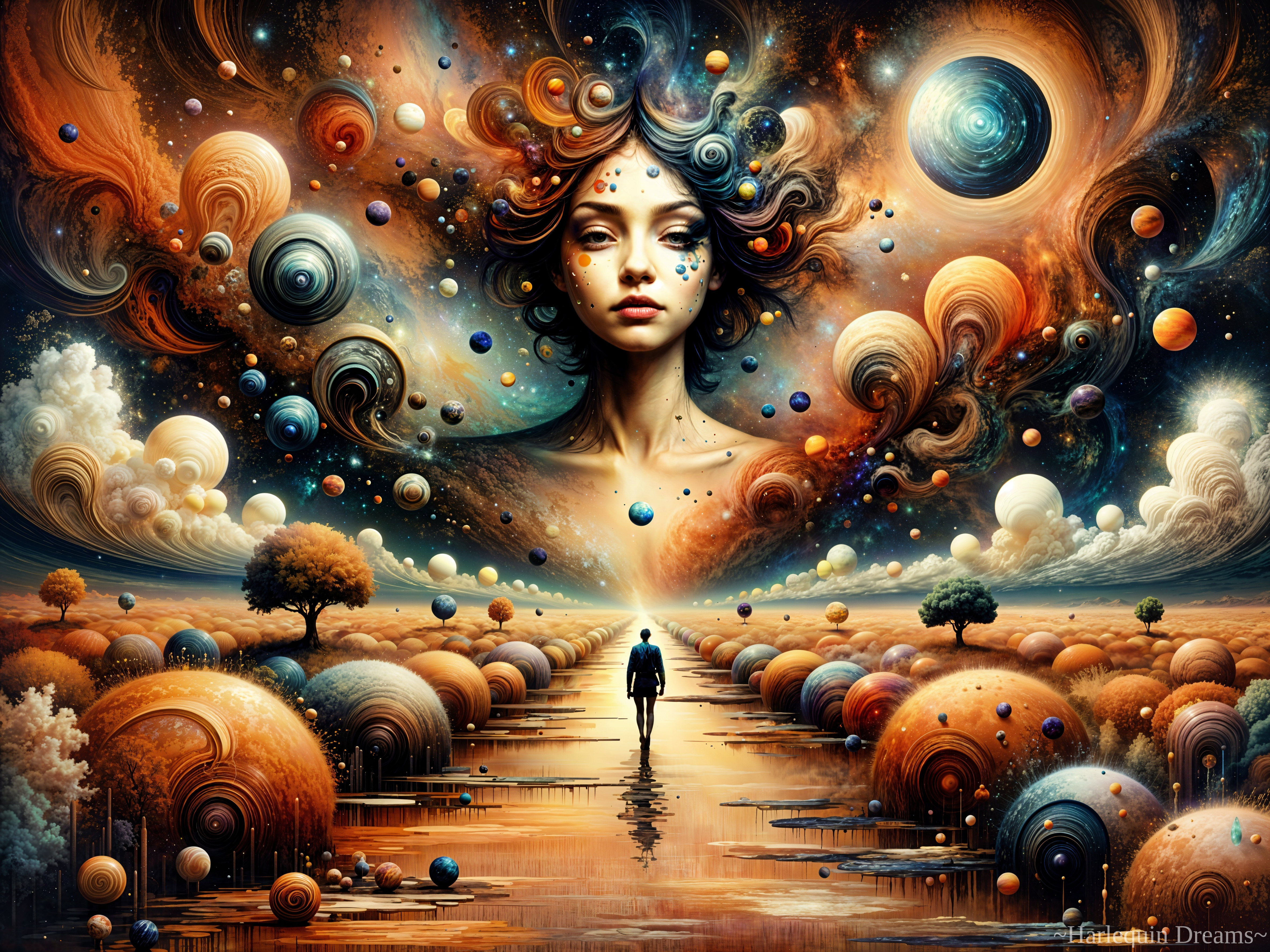 Surreal Cosmic Landscape with Reflective Path and Figures