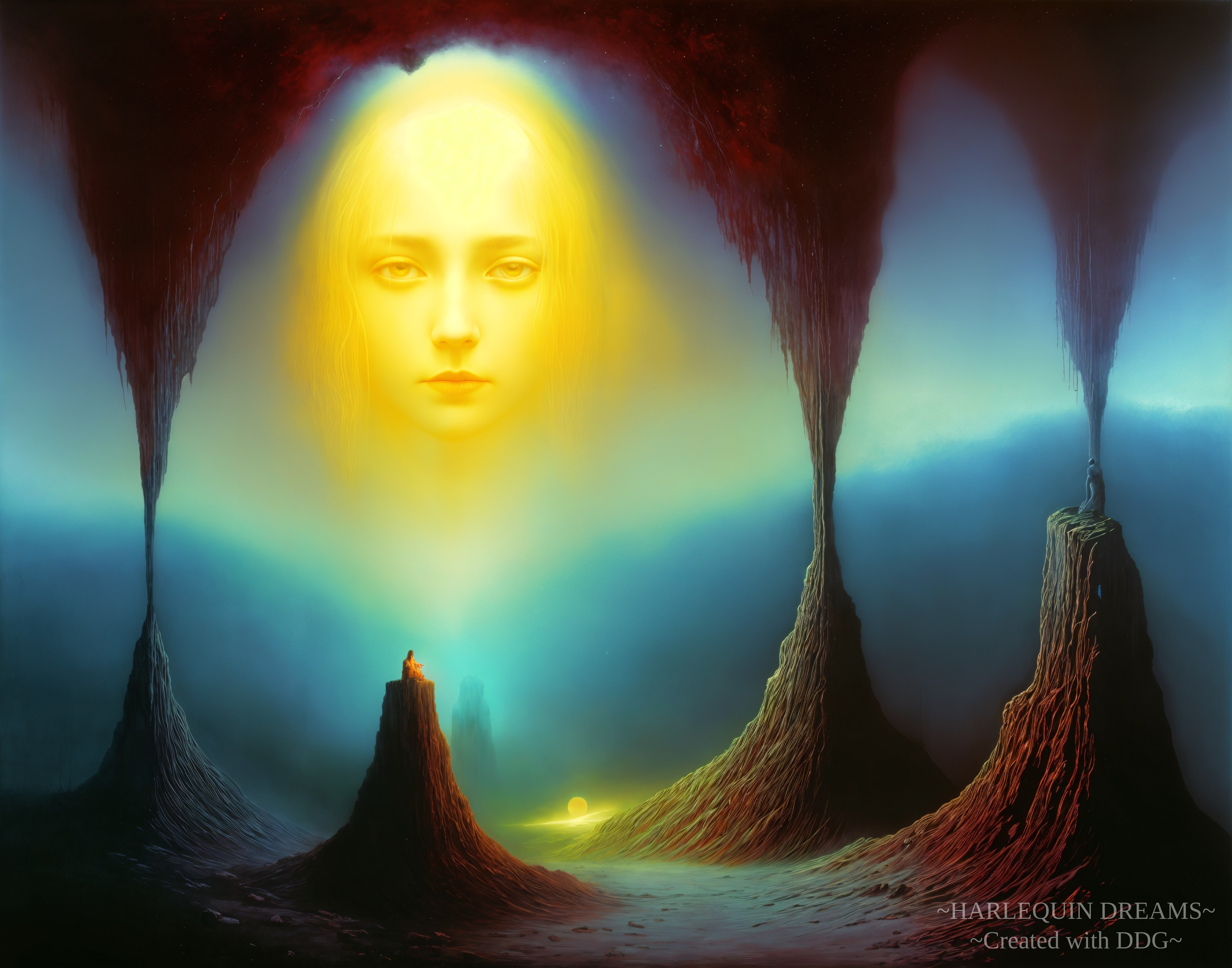 Surreal Landscape with Jagged Cliffs and Luminous Face