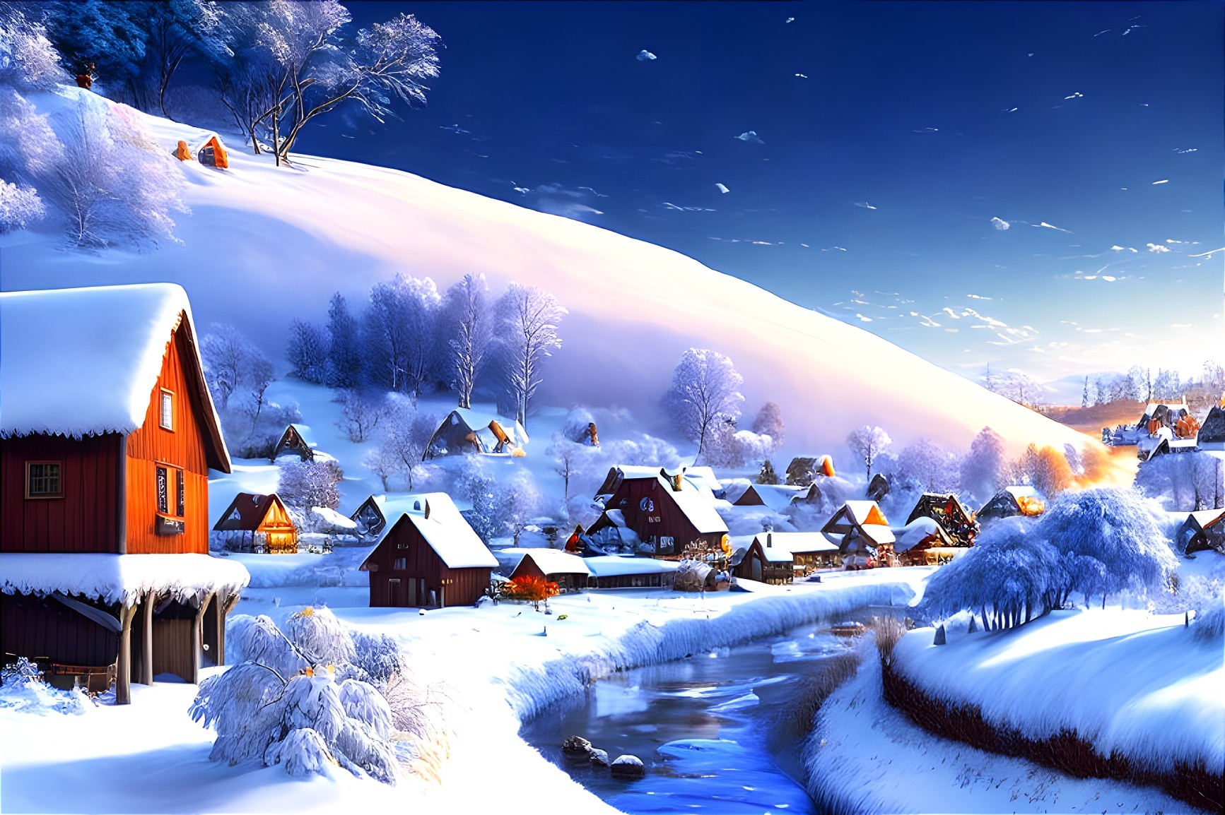 Snow-covered winter village with river, hill, and blue sky