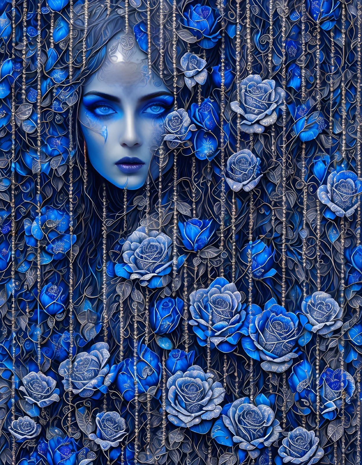 Fantasy image of figure with blue skin and blue eyes among metallic blue roses and dark vines