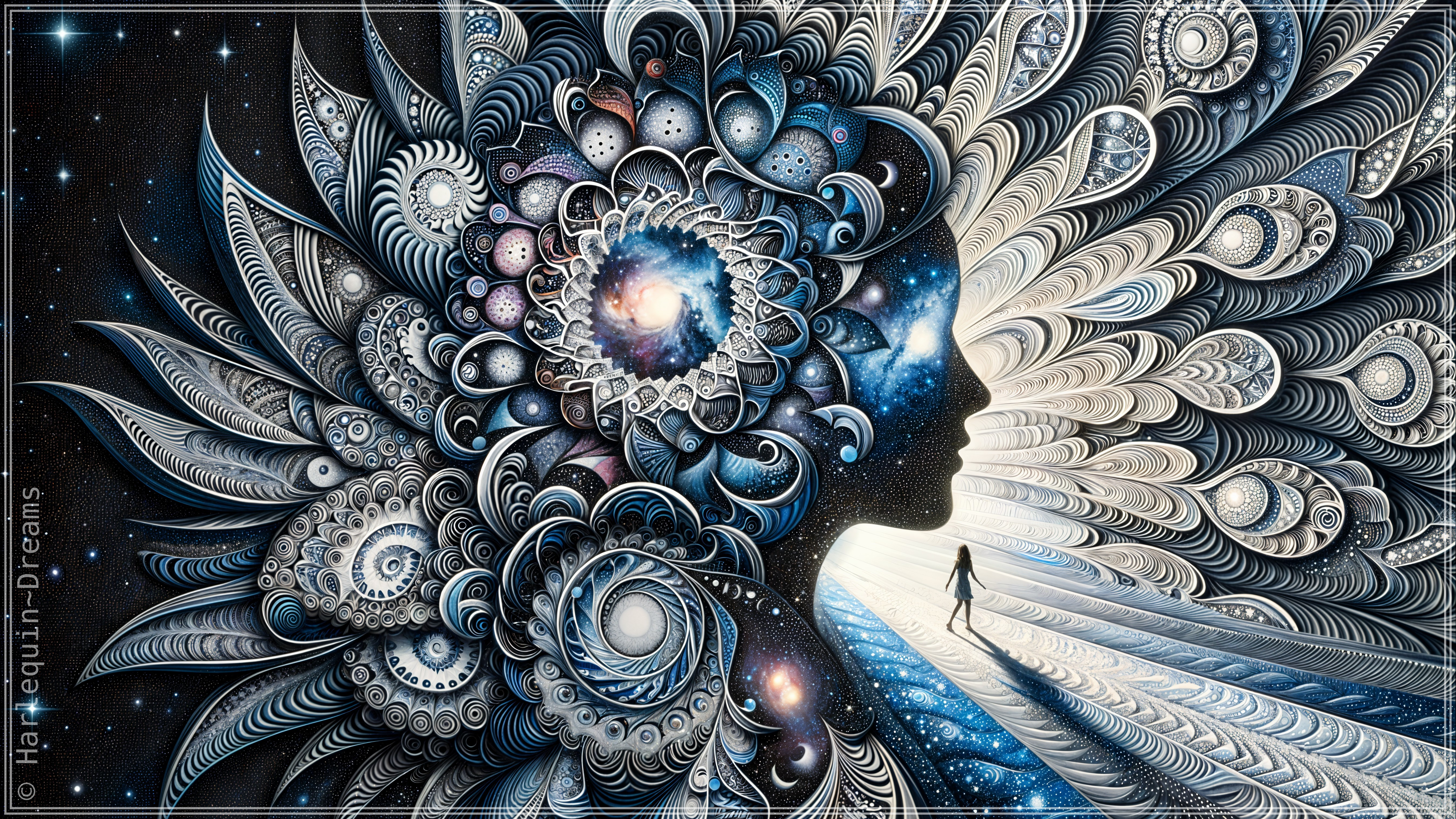 Surreal Silhouette with Cosmic and Floral Patterns