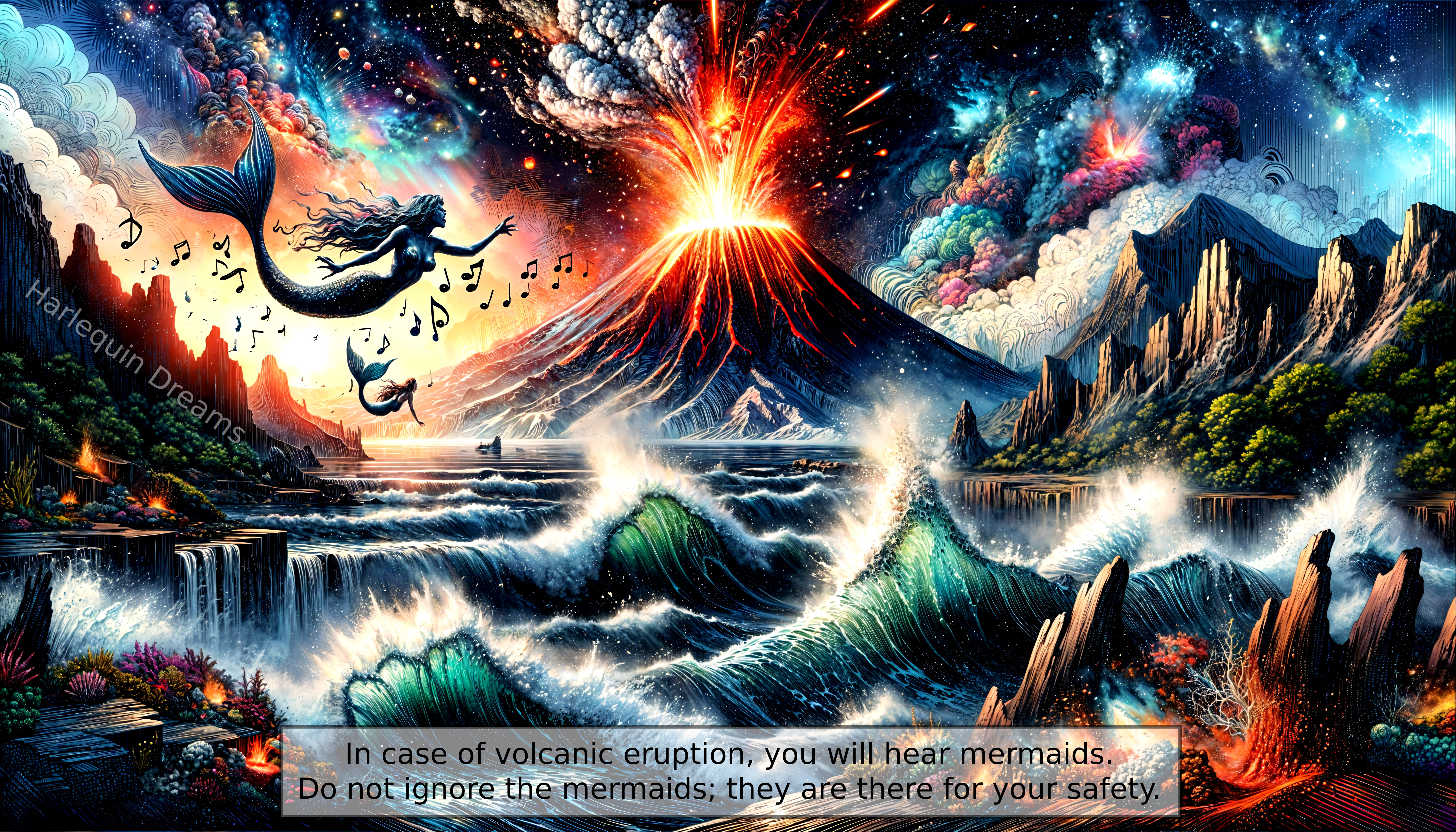 Mermaid Singing Amidst Volcanic Eruption and Waves