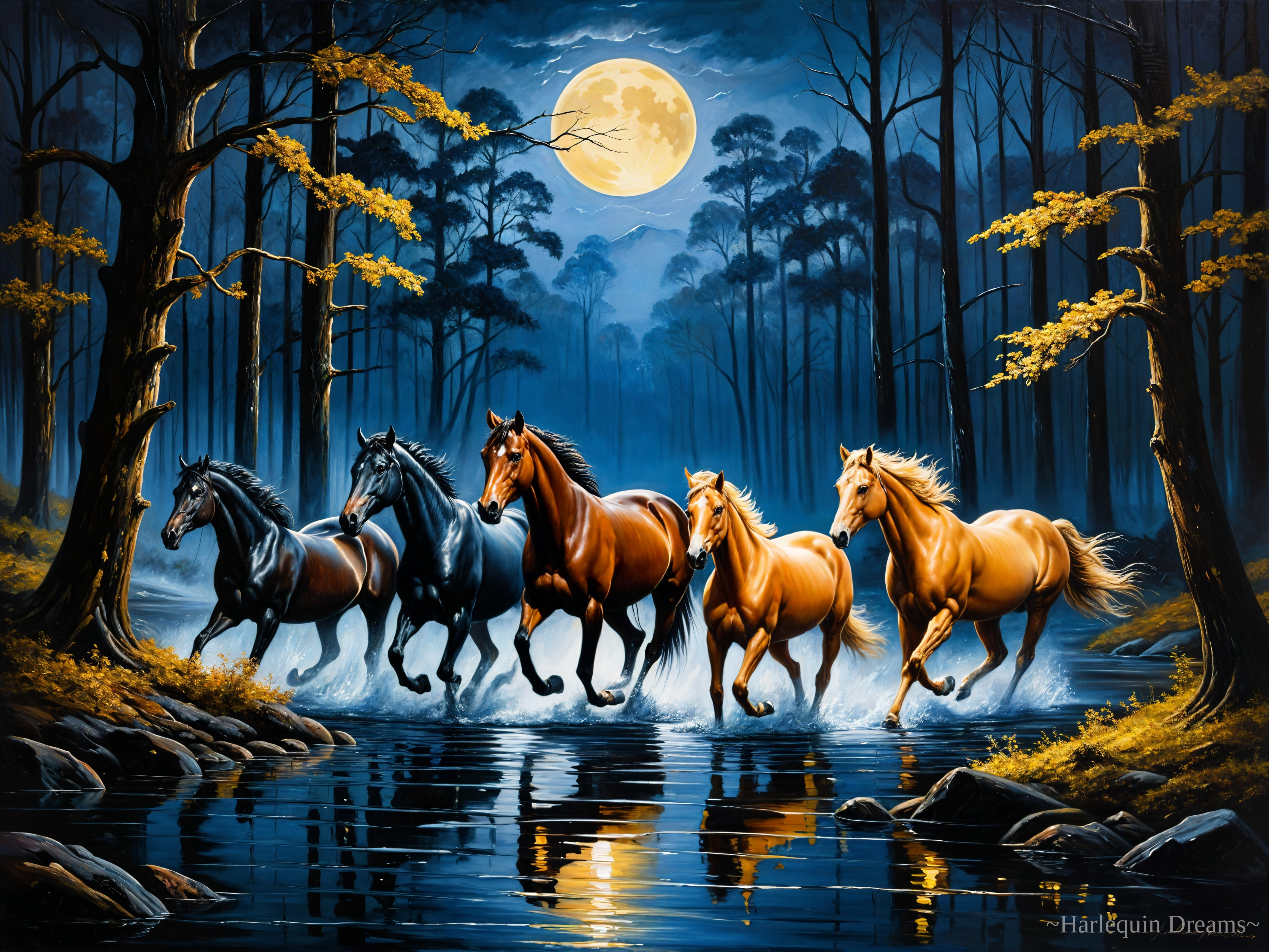 Majestic Horses Running Through Moonlit Lake Scene