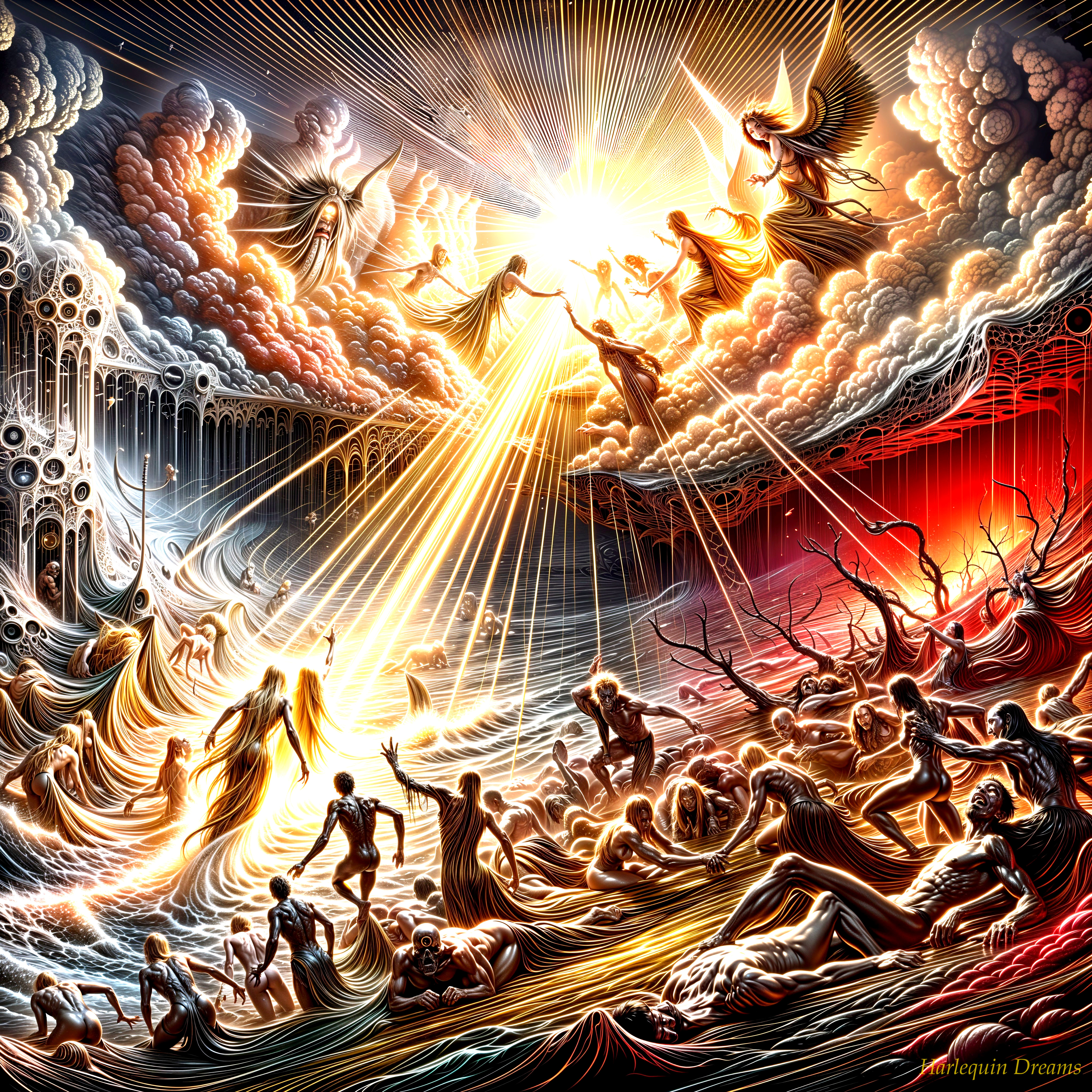 Dramatic Celestial Scene with Light and Angelic Figures