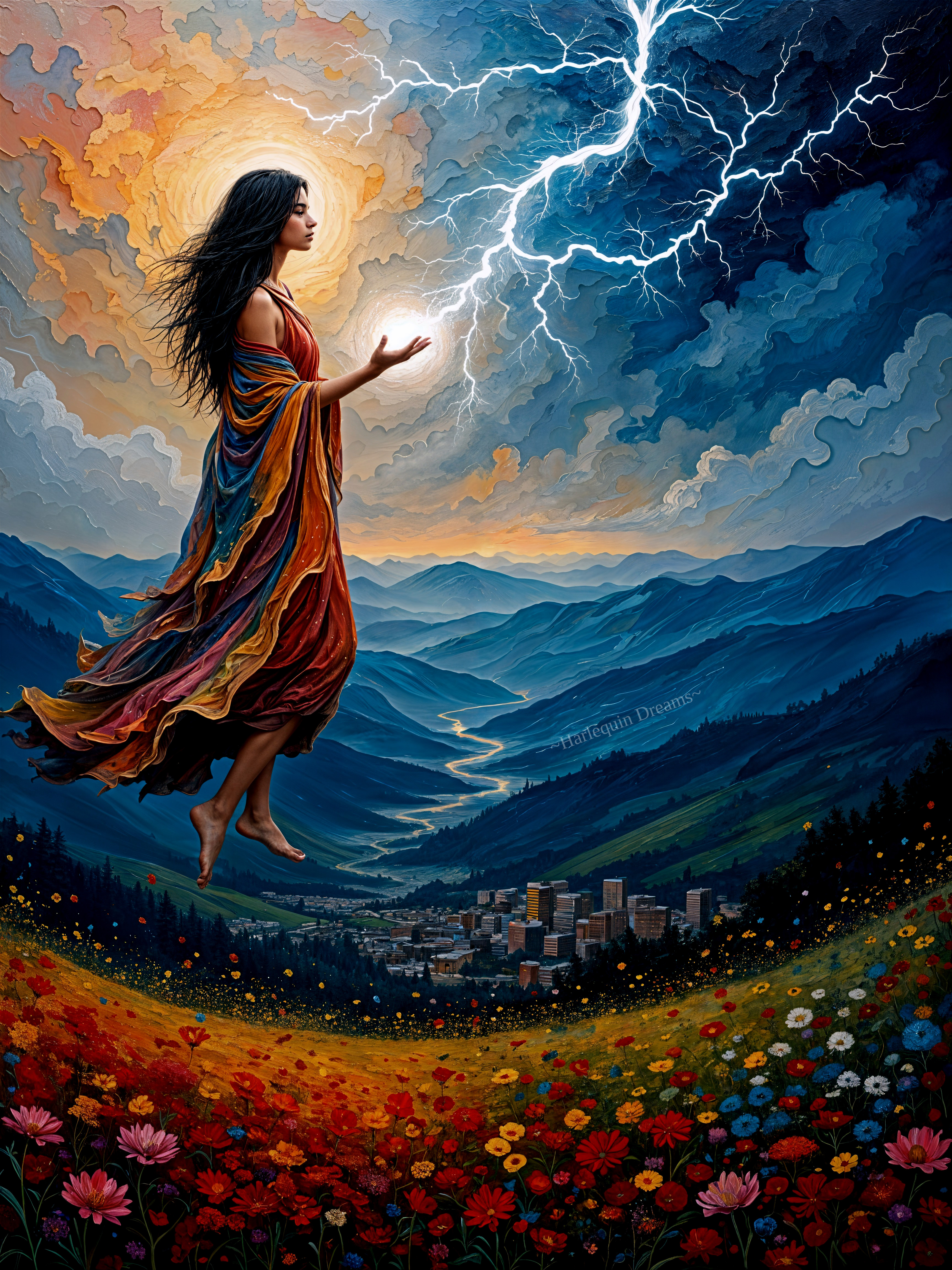 Serene Woman in Colorful Dress Above Vibrant Landscape