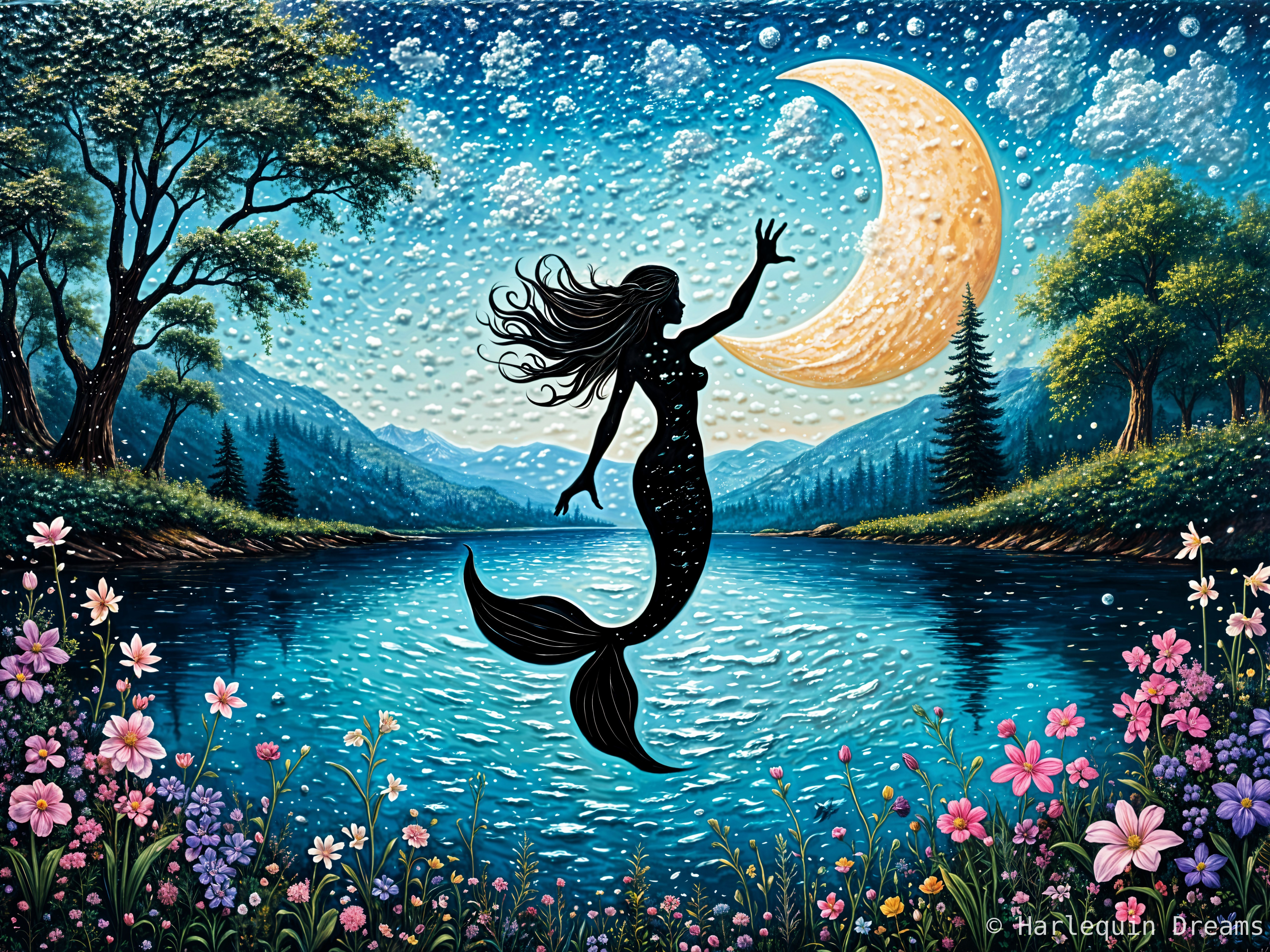 Serene Moonlit Landscape with Mermaid and Night Sky