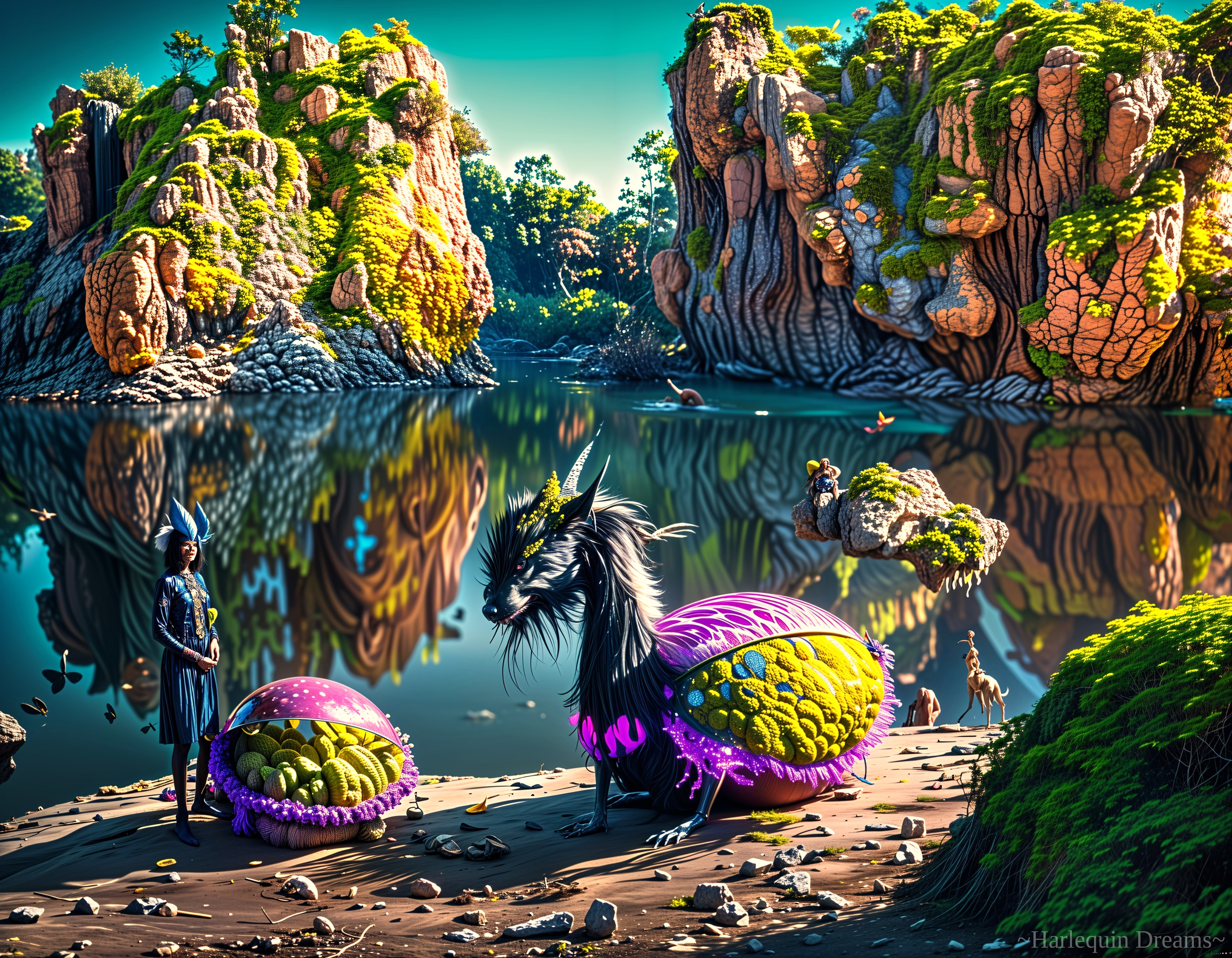 Tranquil Lake with Mossy Cliffs and Fantastical Creature