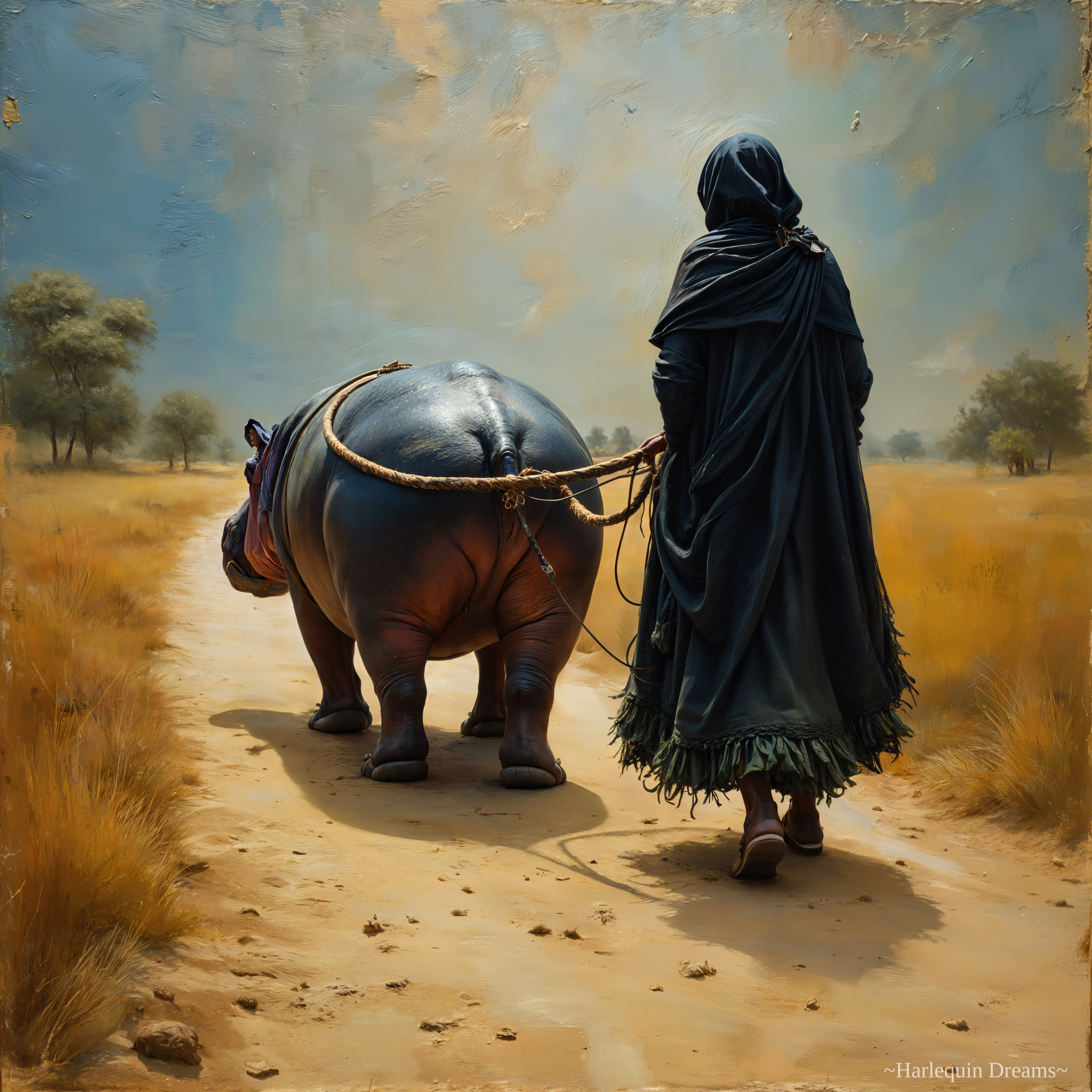 Person in Cloak Leading Hippo in Sunlit Savanna