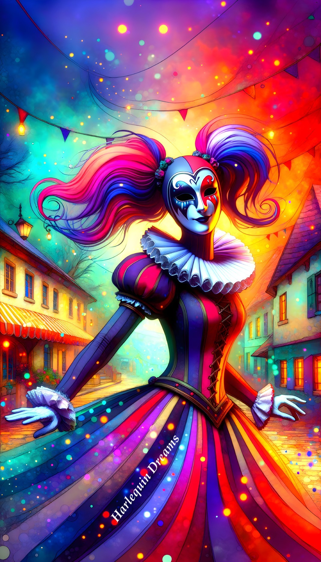 Colorful Jester in Whimsical Festive Street Scene