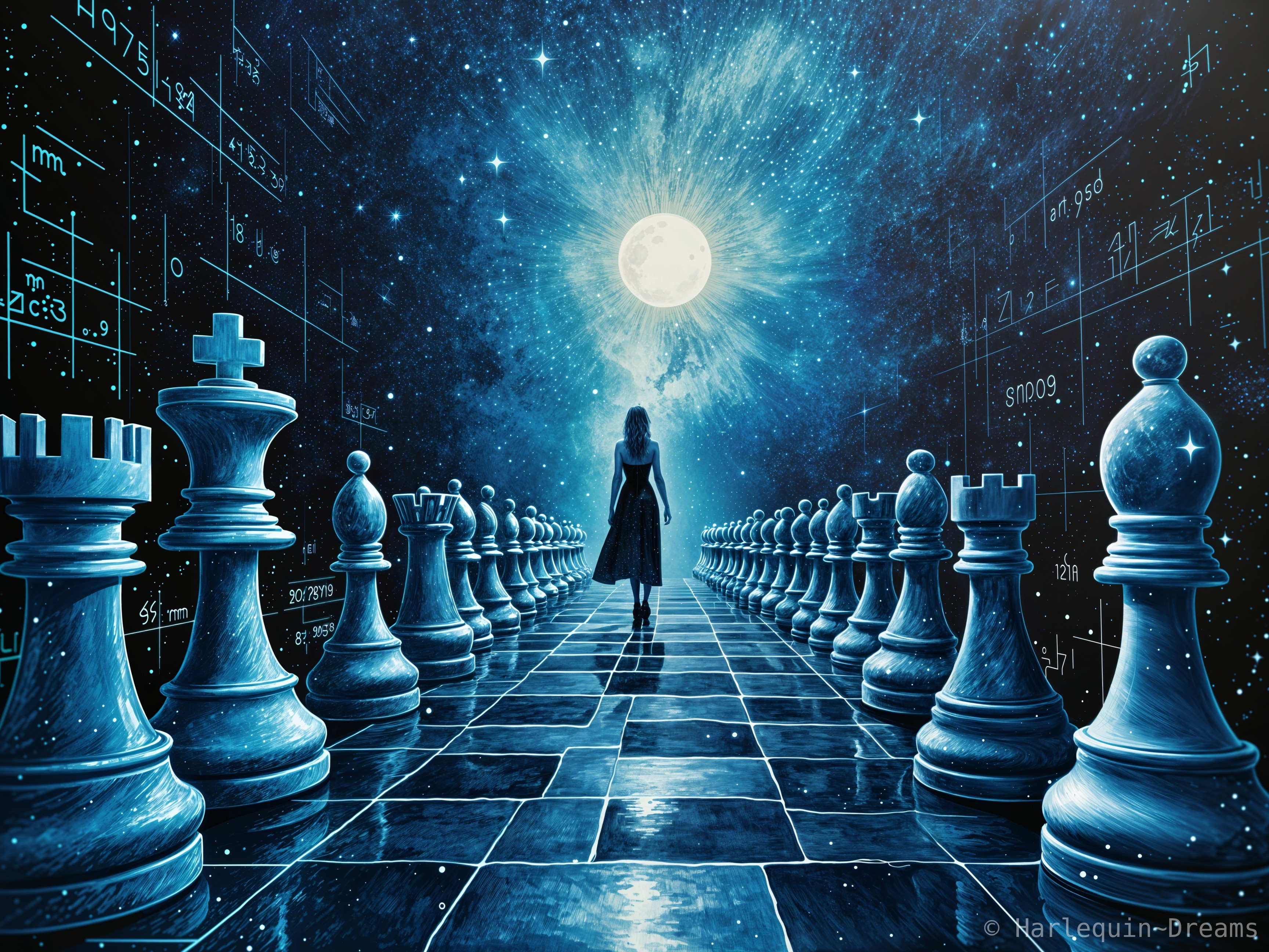 Chessboard Pathway with Cosmic Background and Figures