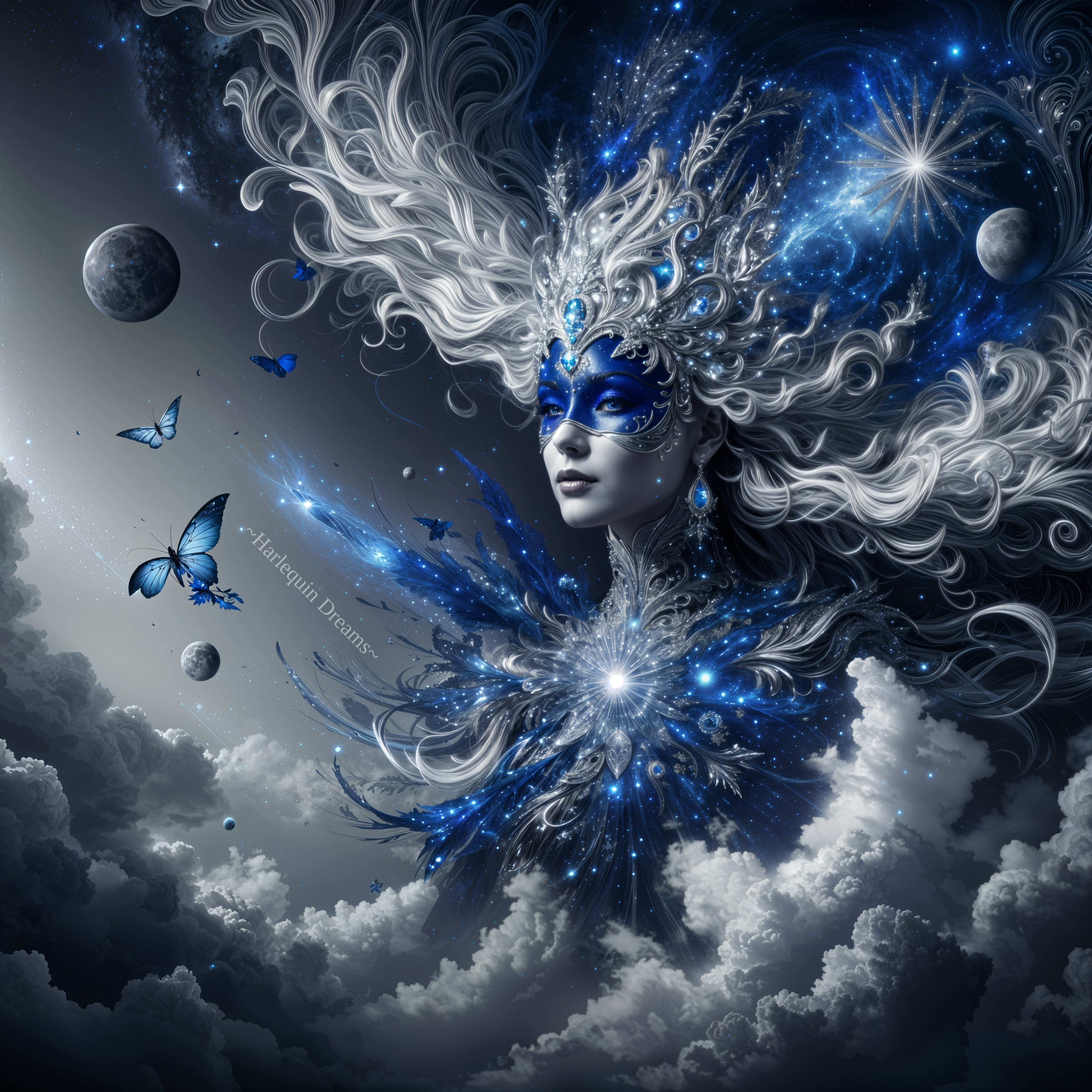 Ethereal figure with blue and silver cosmic patterns