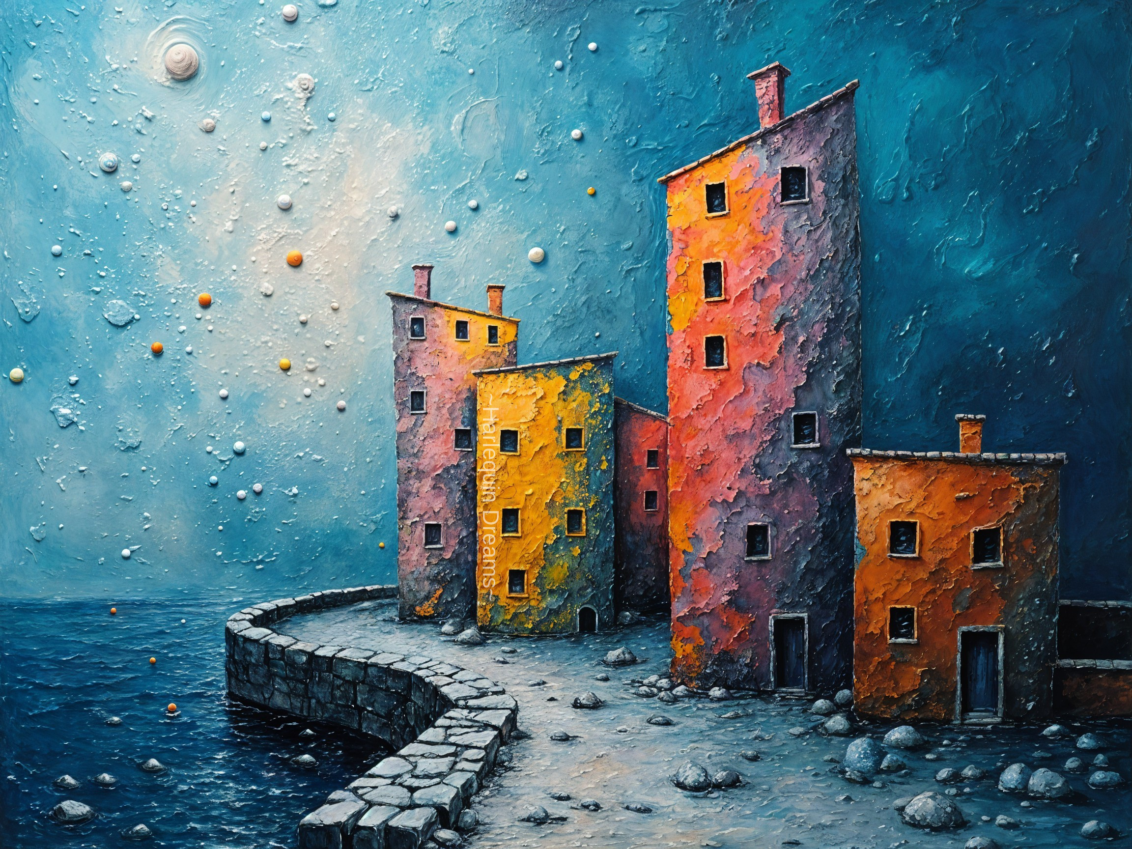 Surreal Landscape with Abstract Buildings and Stars