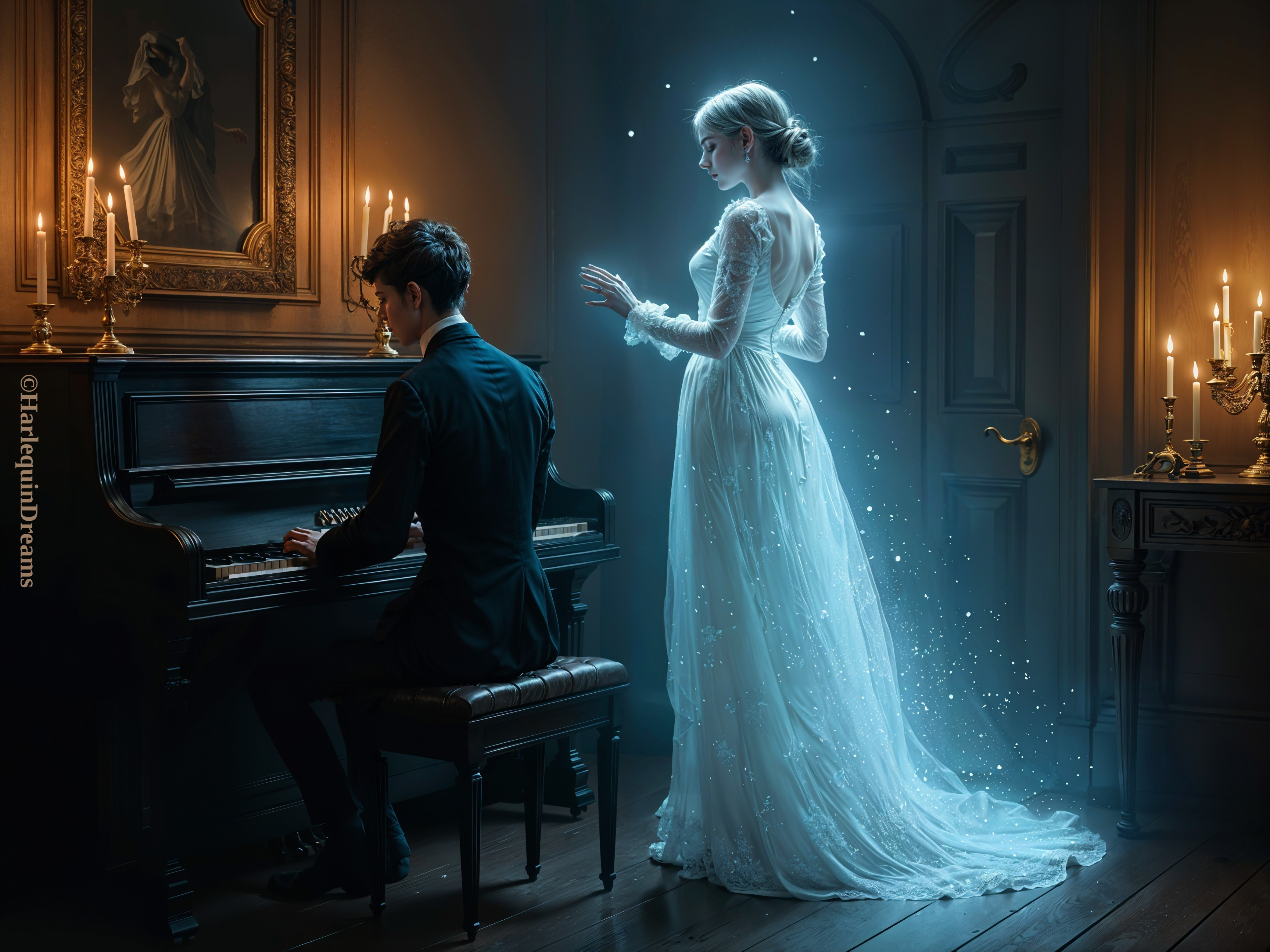 Musician at Grand Piano with Ethereal Ghostly Figure