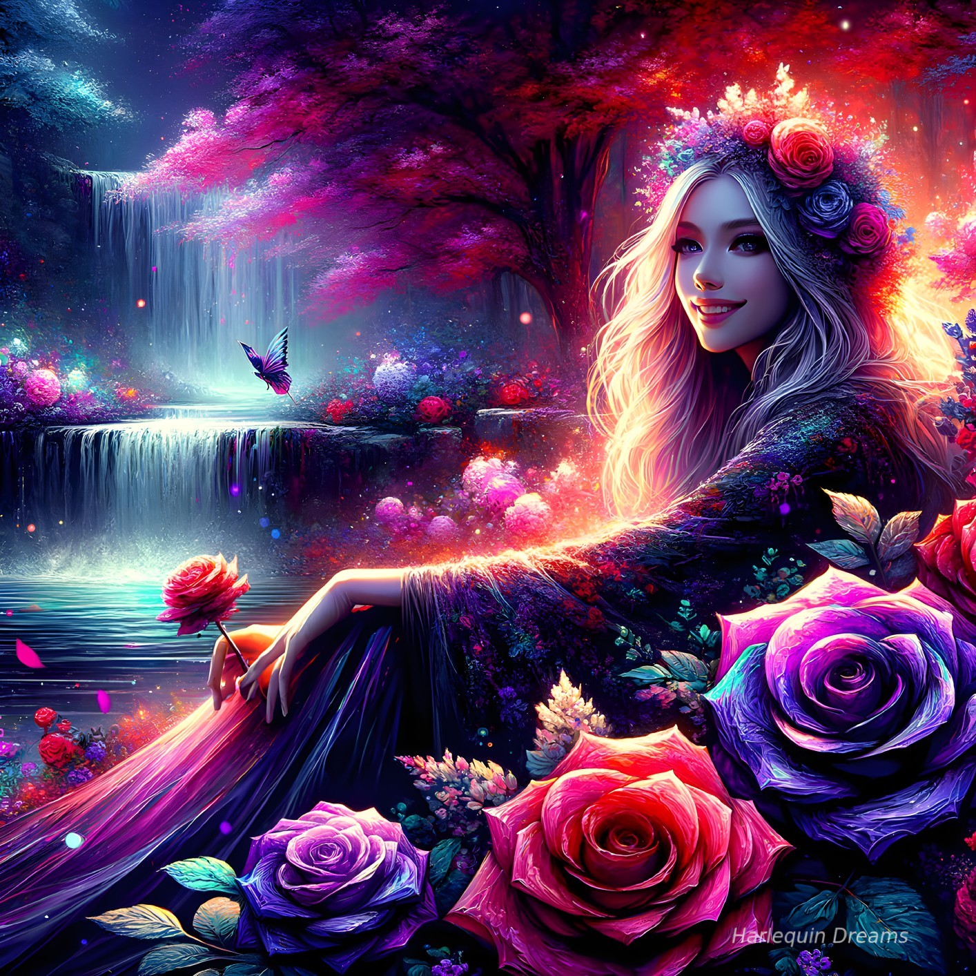 Serene Woman Surrounded by Flowers and Waterfall