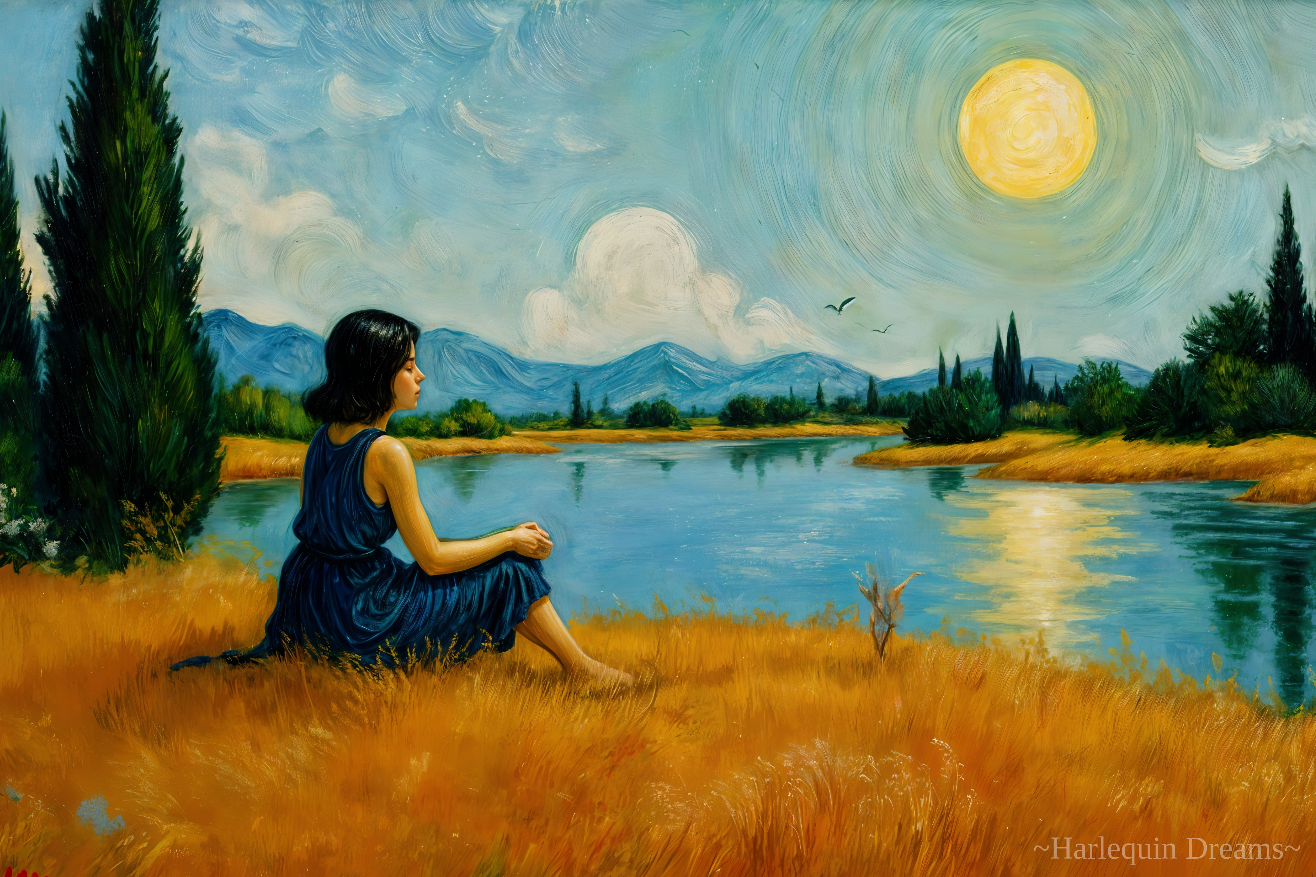 Serene Landscape with Woman by Calm River and Mountains