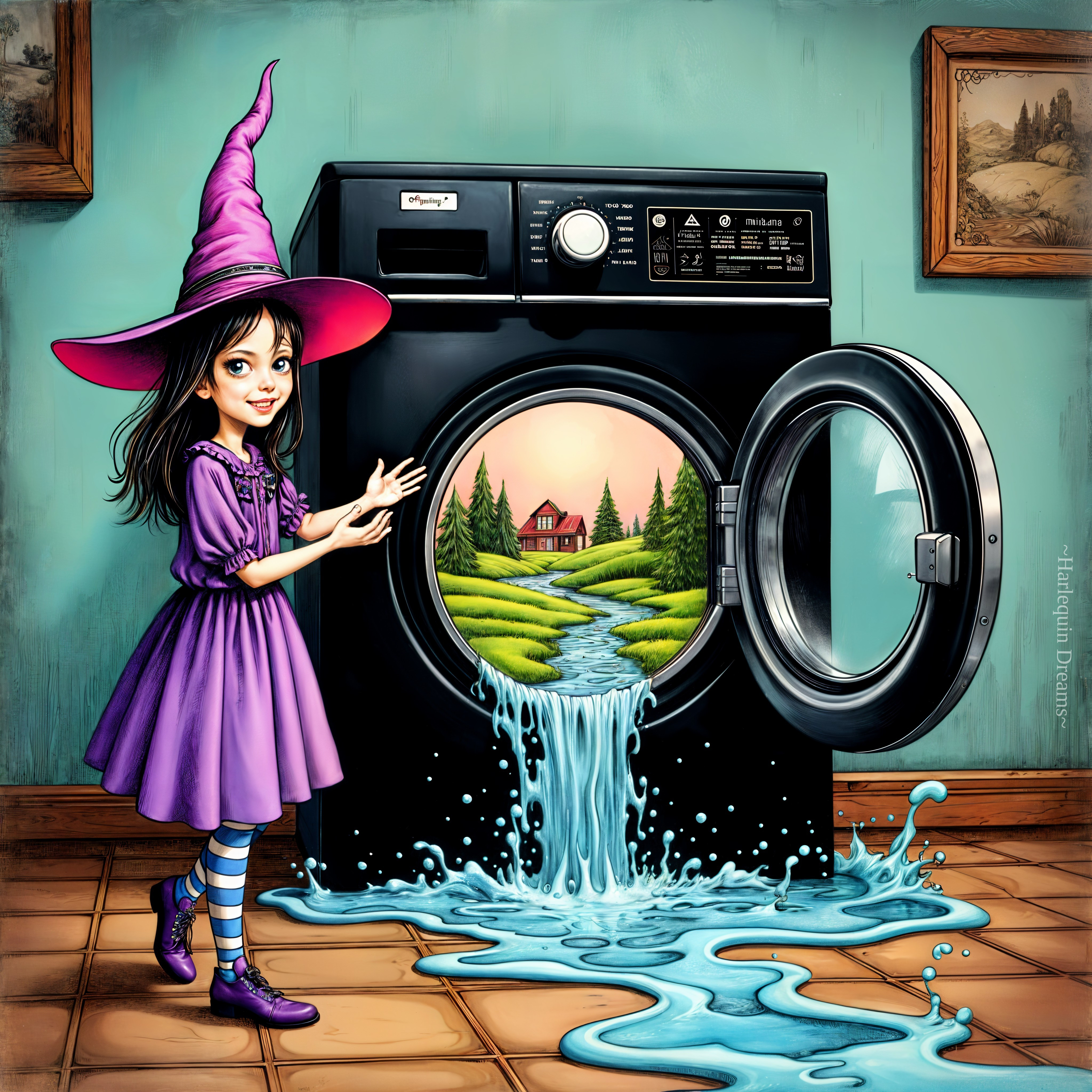 Young Girl in Purple Dress Beside Magical Washing Machine