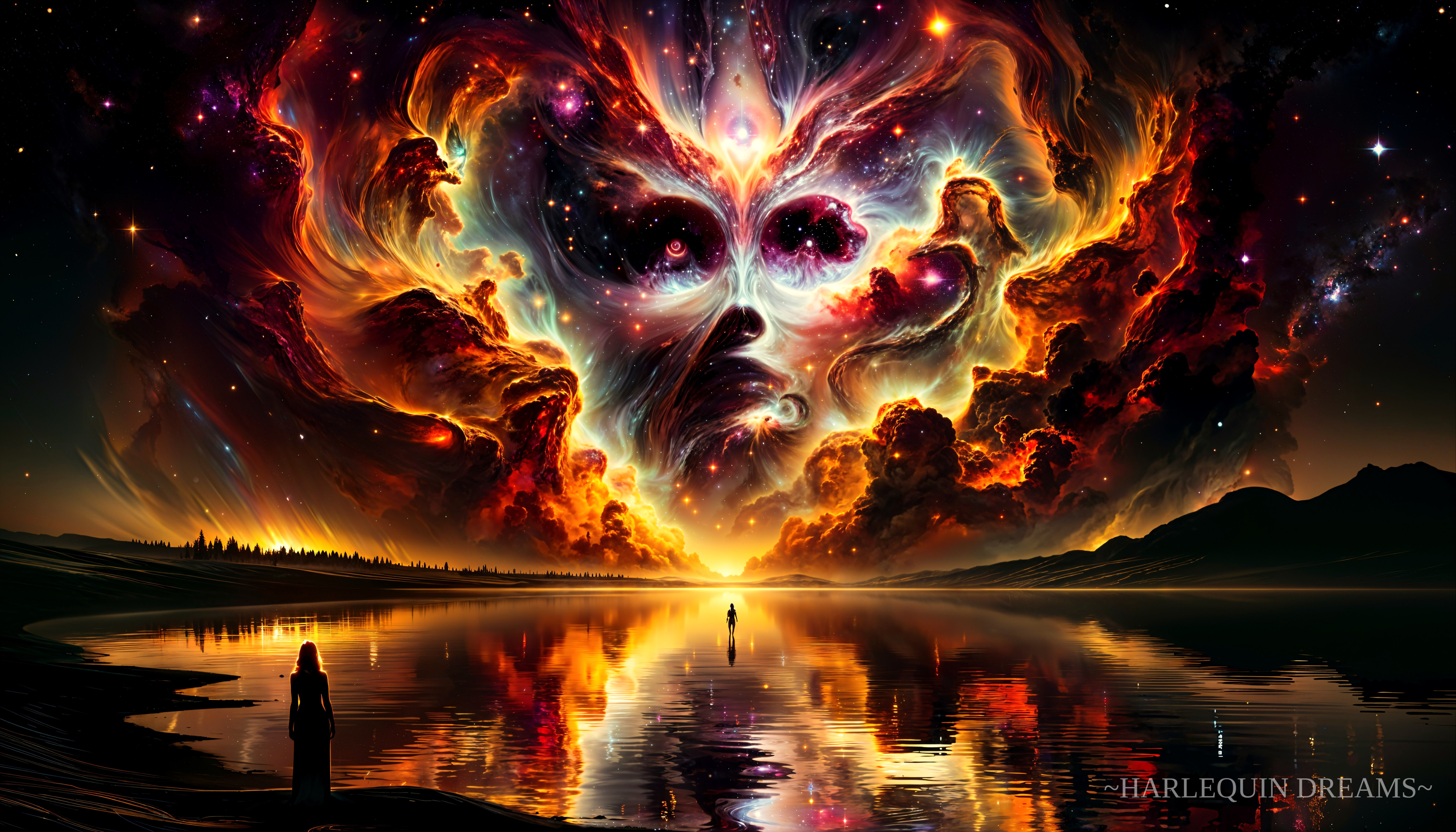 Surreal Cosmic Scene with Ethereal Face and Lake