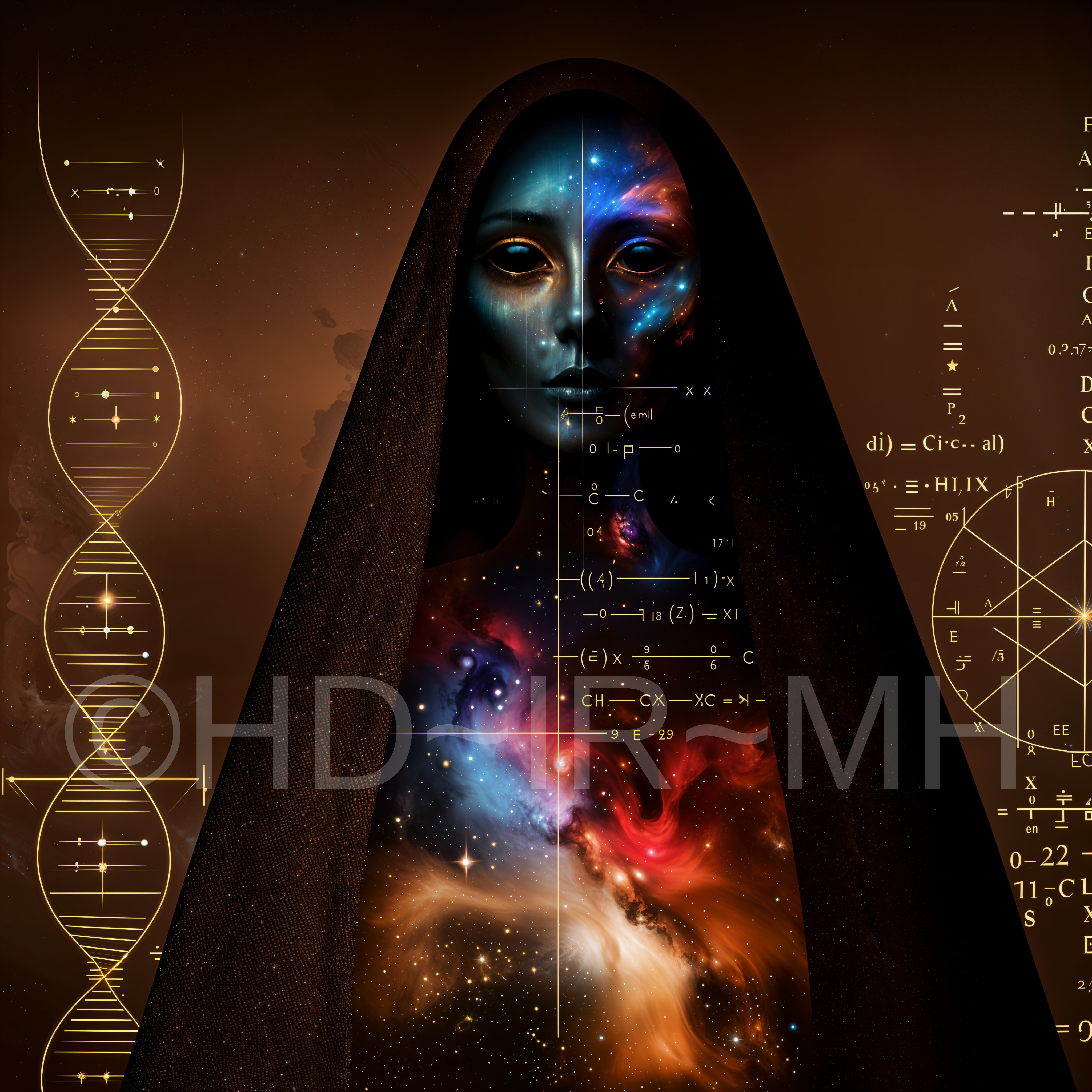 Mysterious Cloaked Figure with Cosmic Patterns and Equations