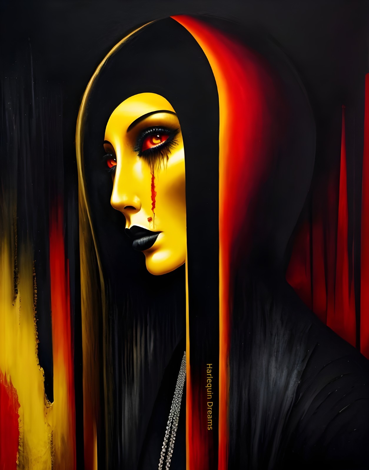 Elongated Figure in Black Hood with Dramatic Colors