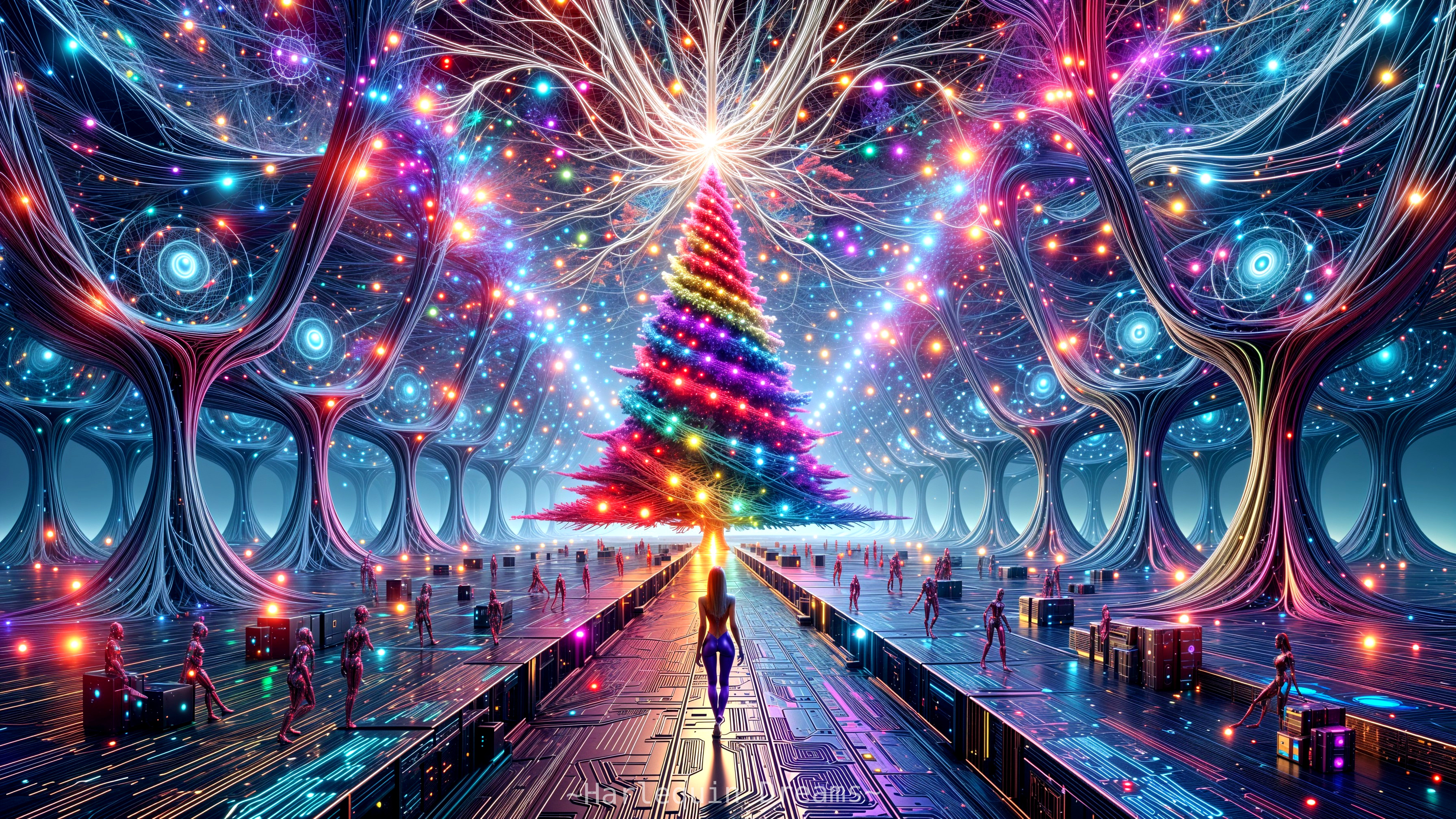 Futuristic Luminous Landscape with Colorful Christmas Tree