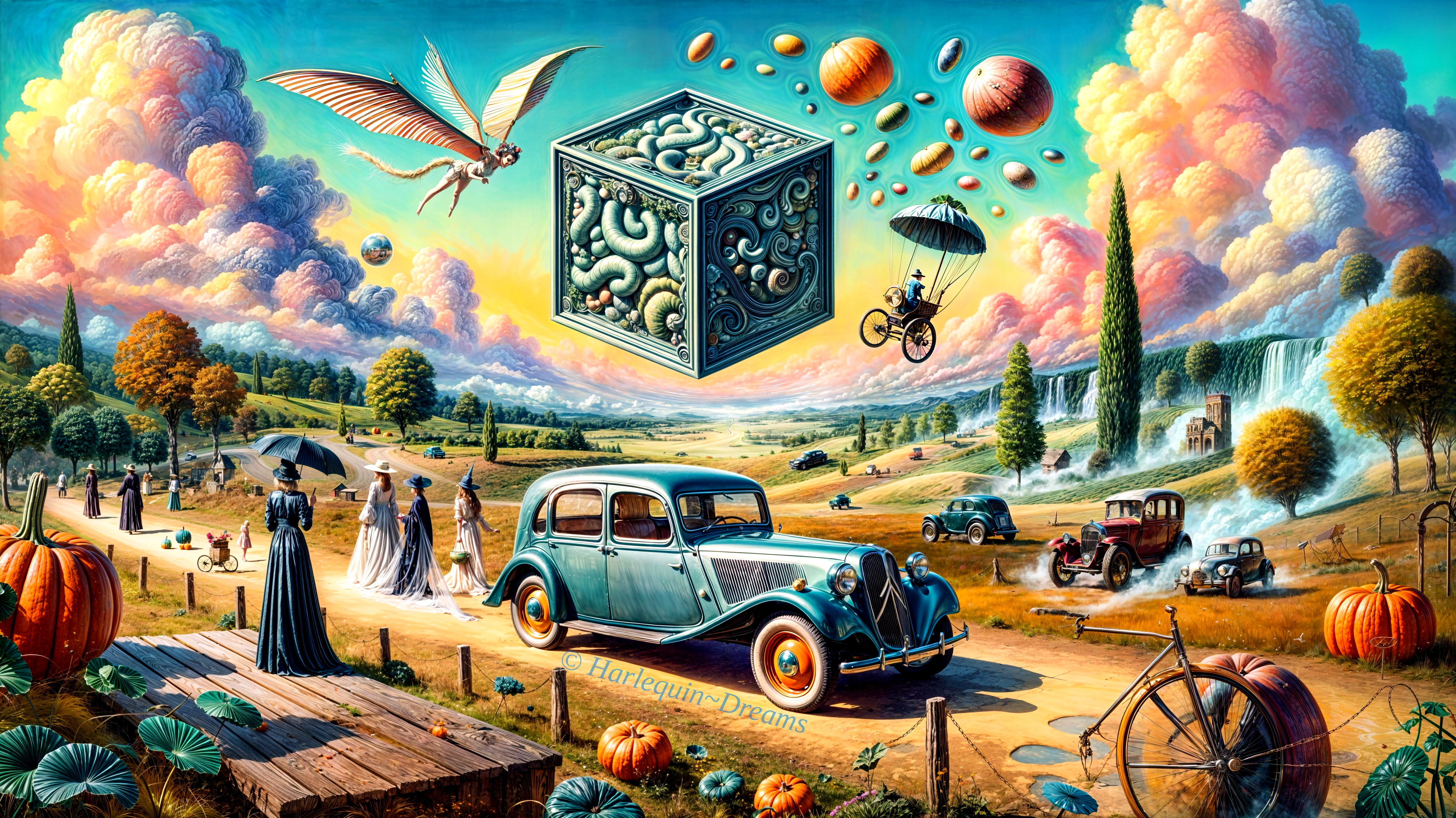 Whimsical Landscape with Classic Cars and Surreal Elements