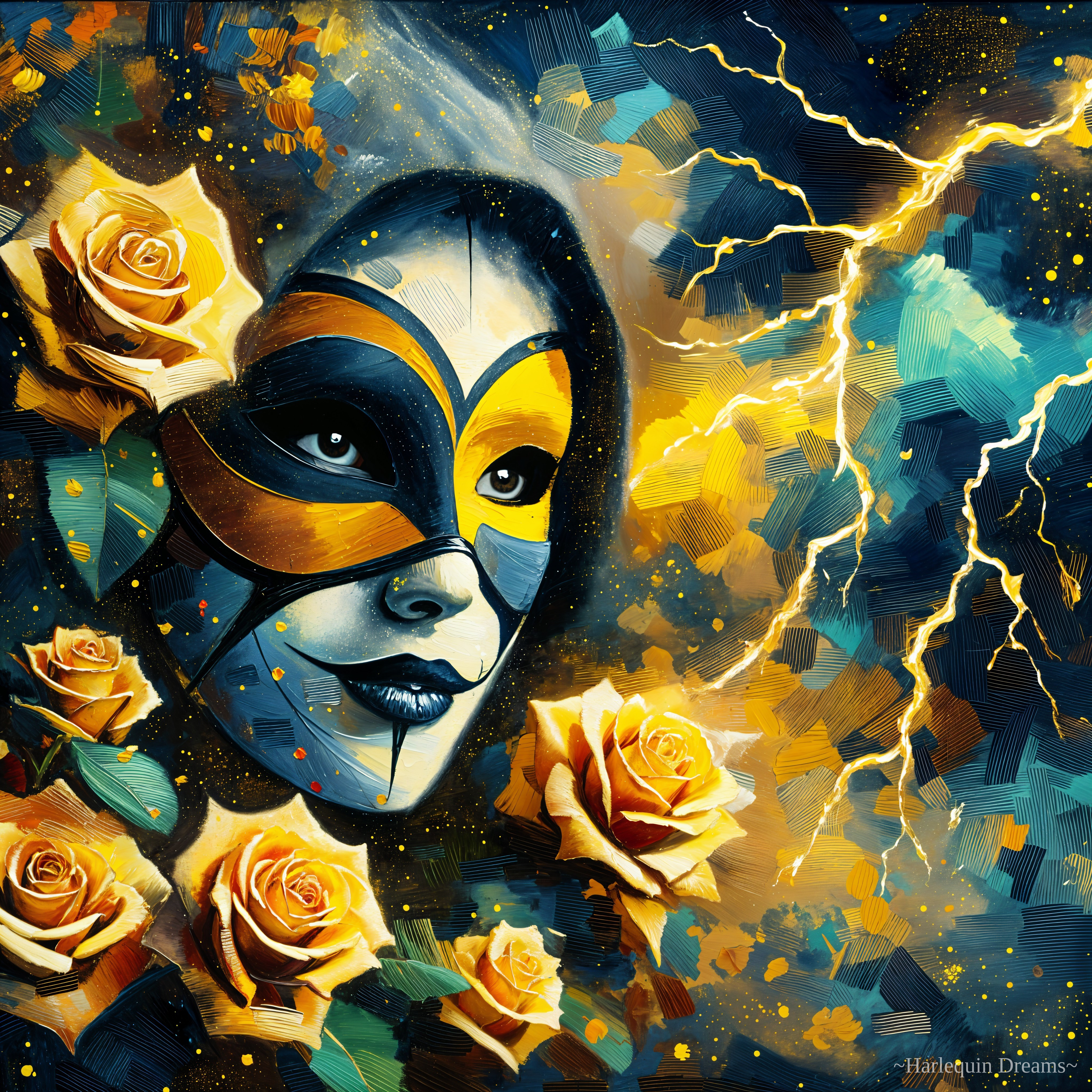 Abstract Portrait of a Masked Figure with Roses