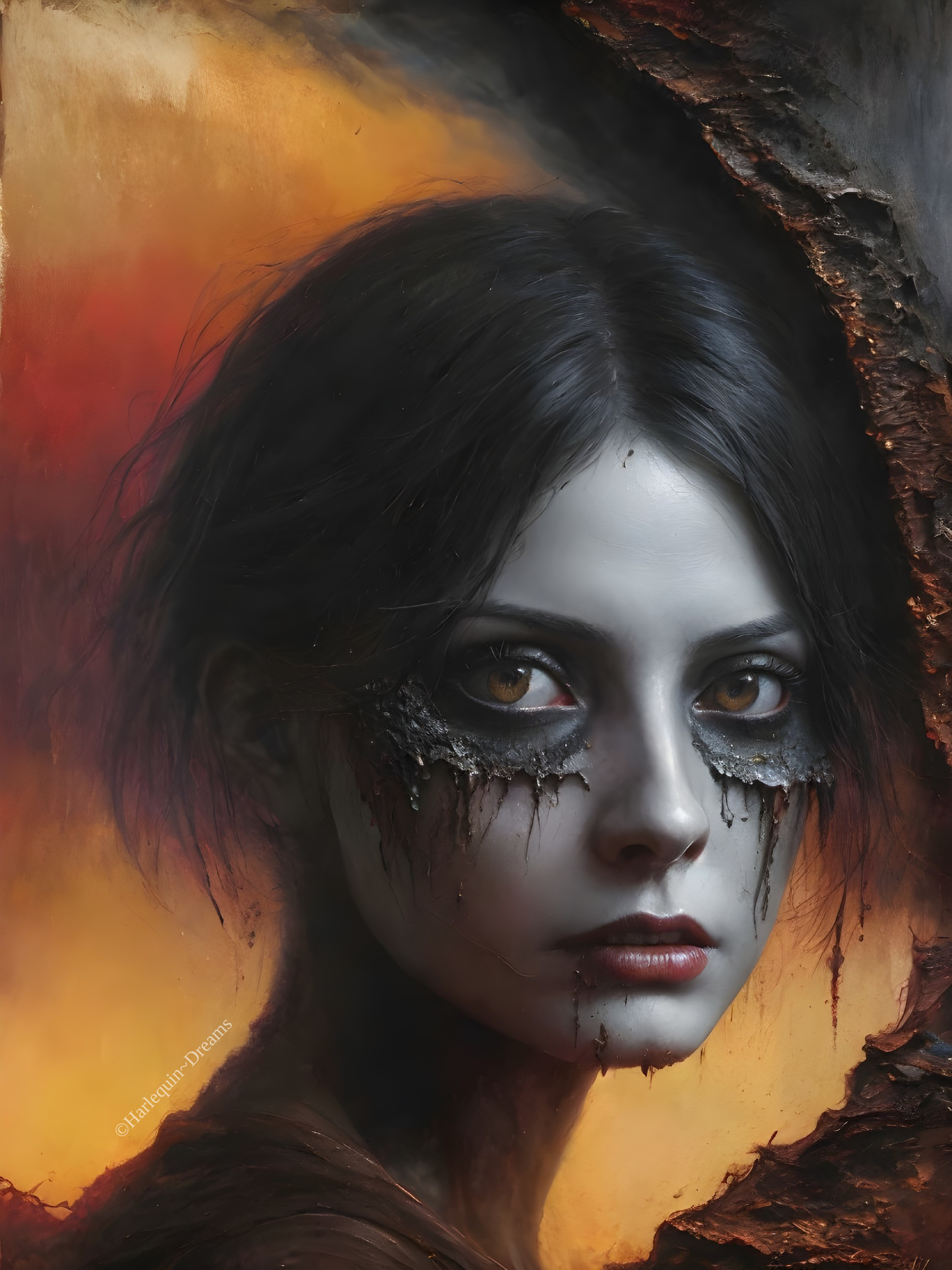 Hauntingly Beautiful Woman with Dark Features and Fire