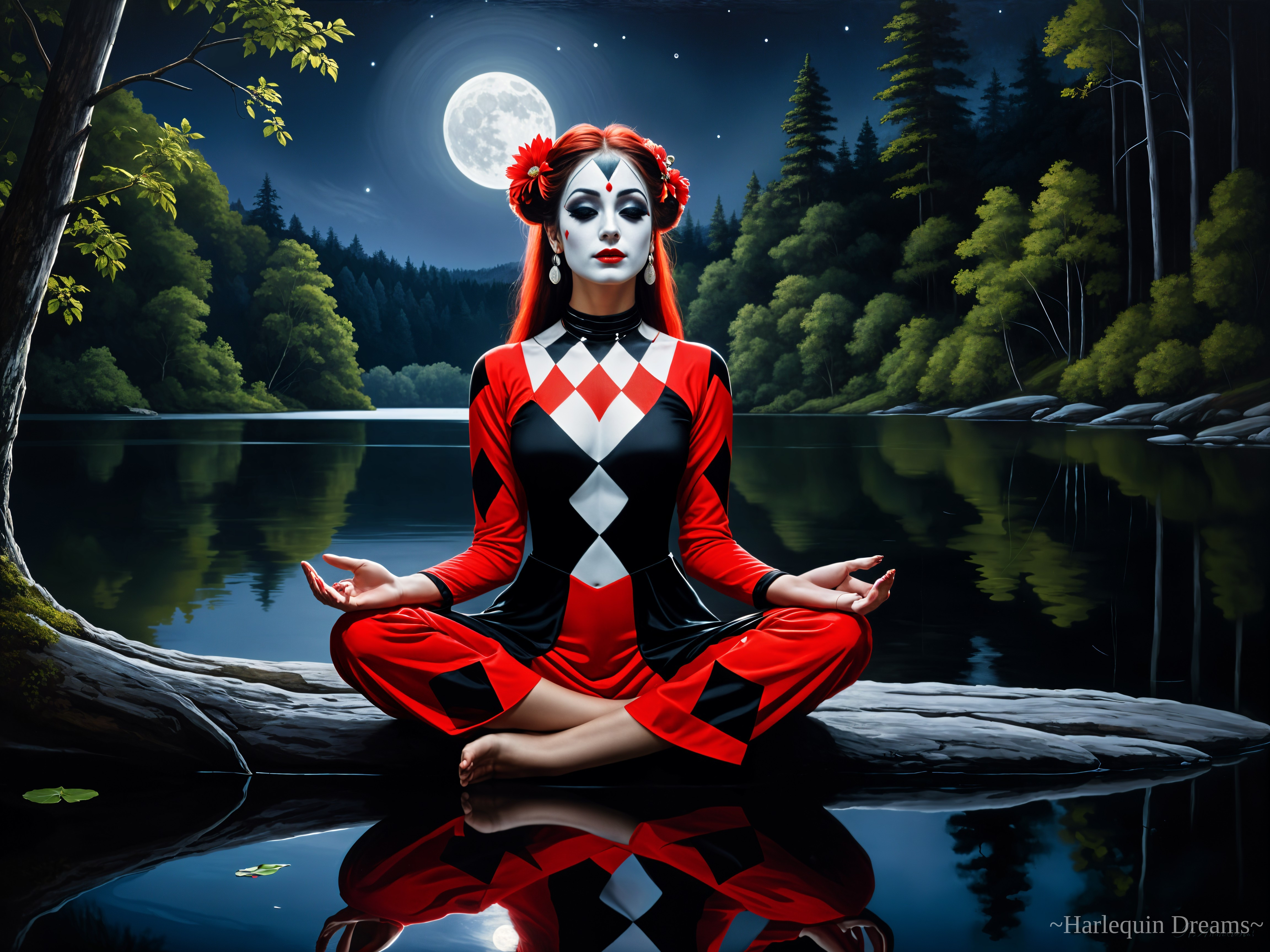 Serene Figure in Harlequin Costume by Calm Waters