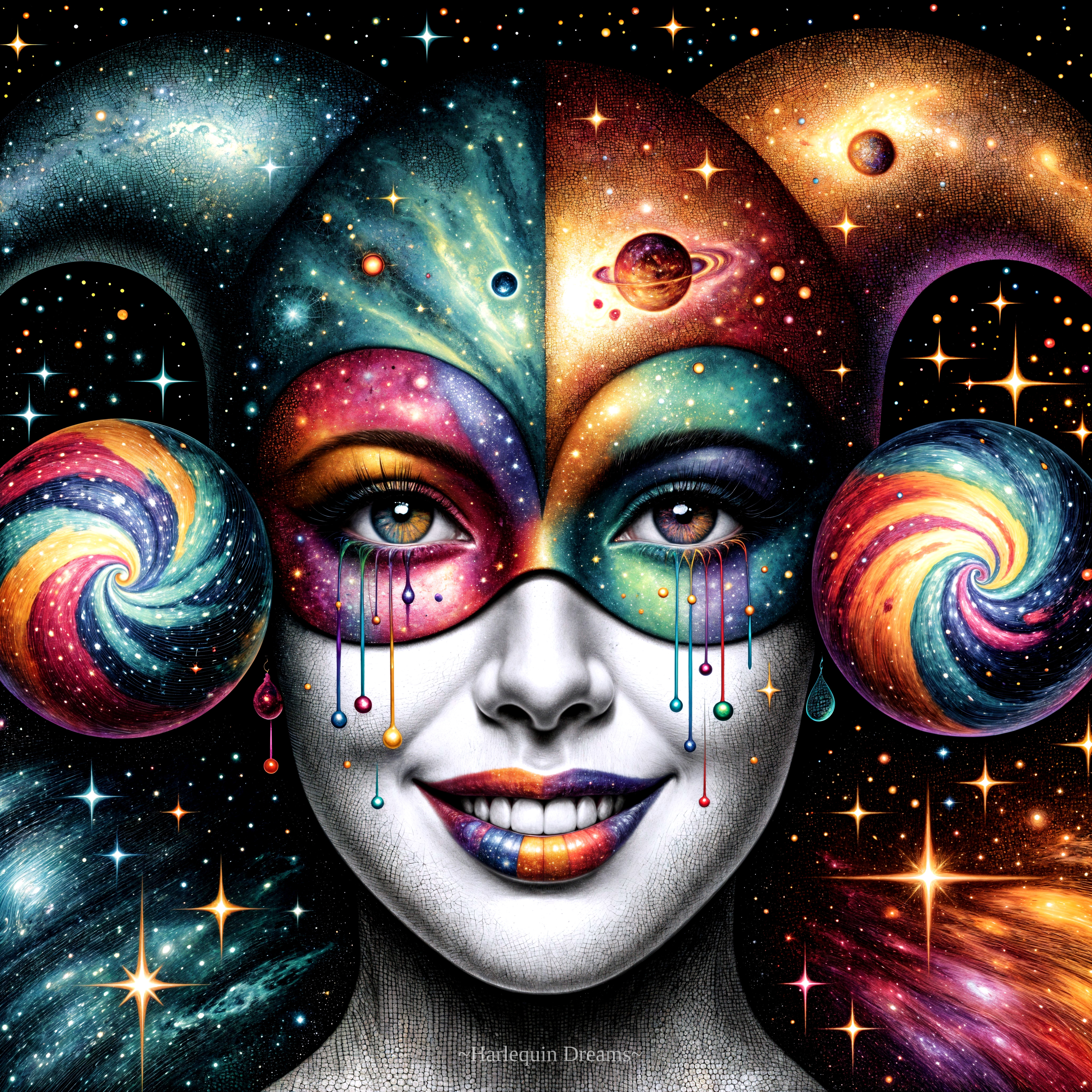 Surreal Portrait of Woman in Cosmic Jester Mask