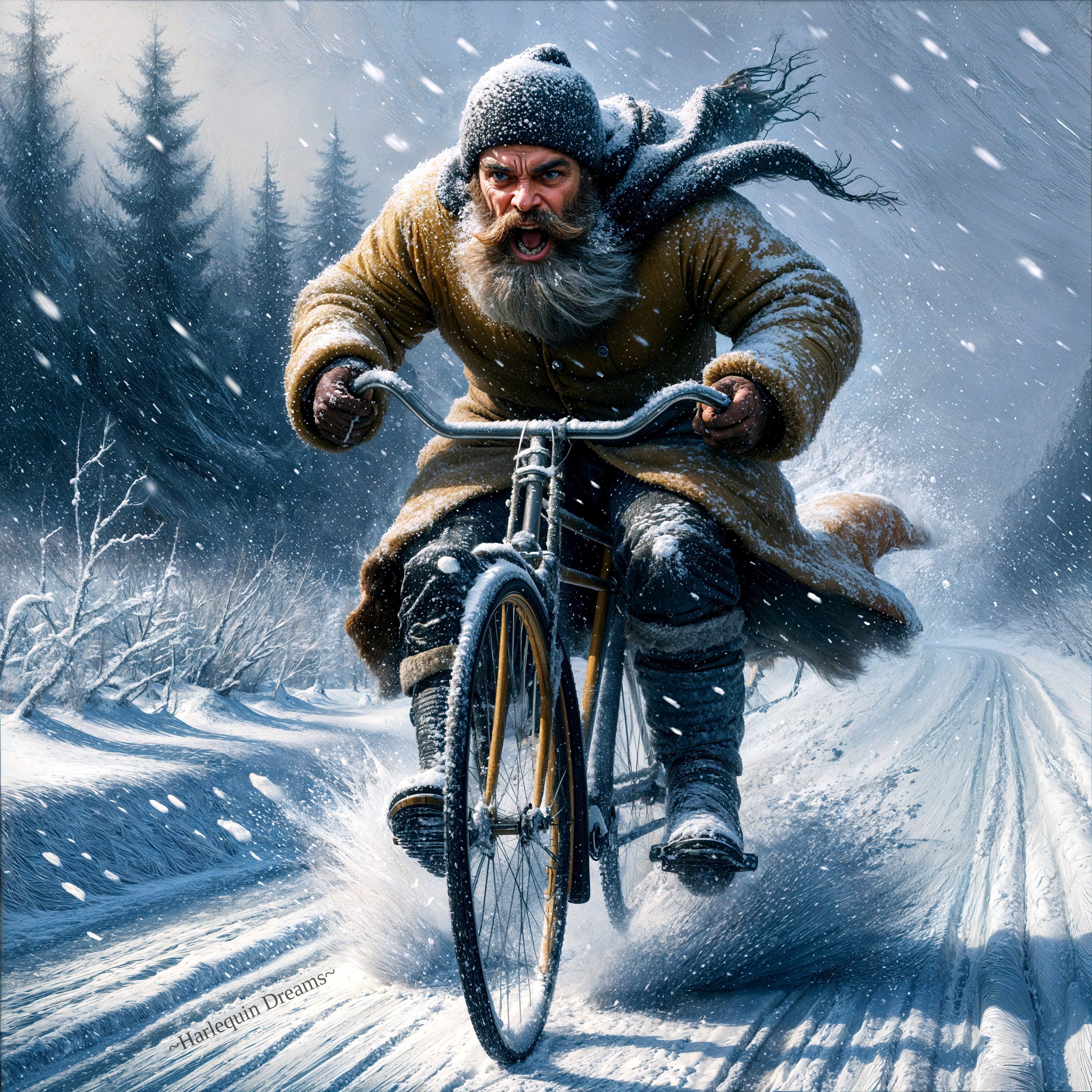Rugged Man on Vintage Bicycle in Snowy Landscape