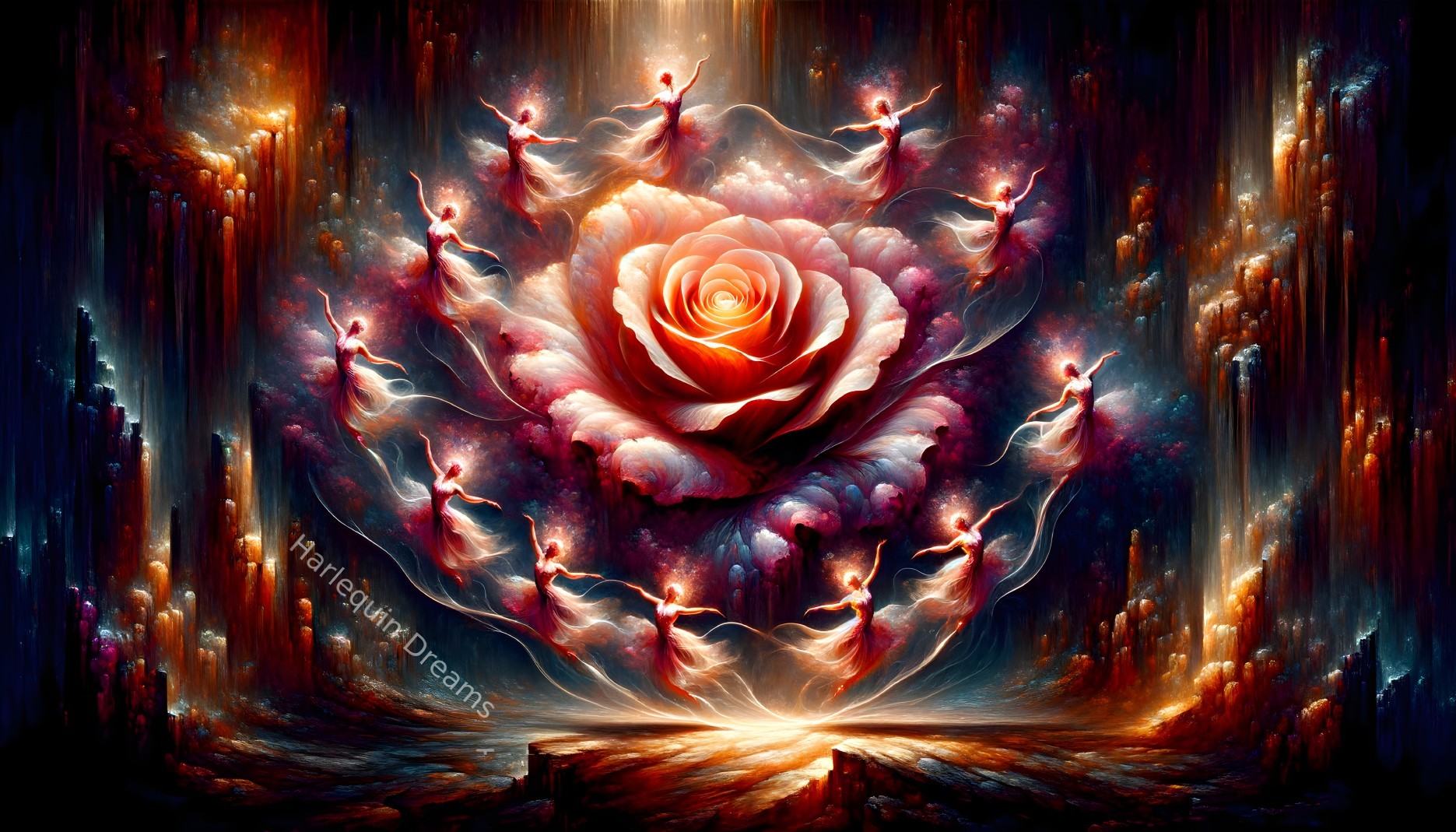Digital Artwork of Rose Surrounded by Ethereal Dancers